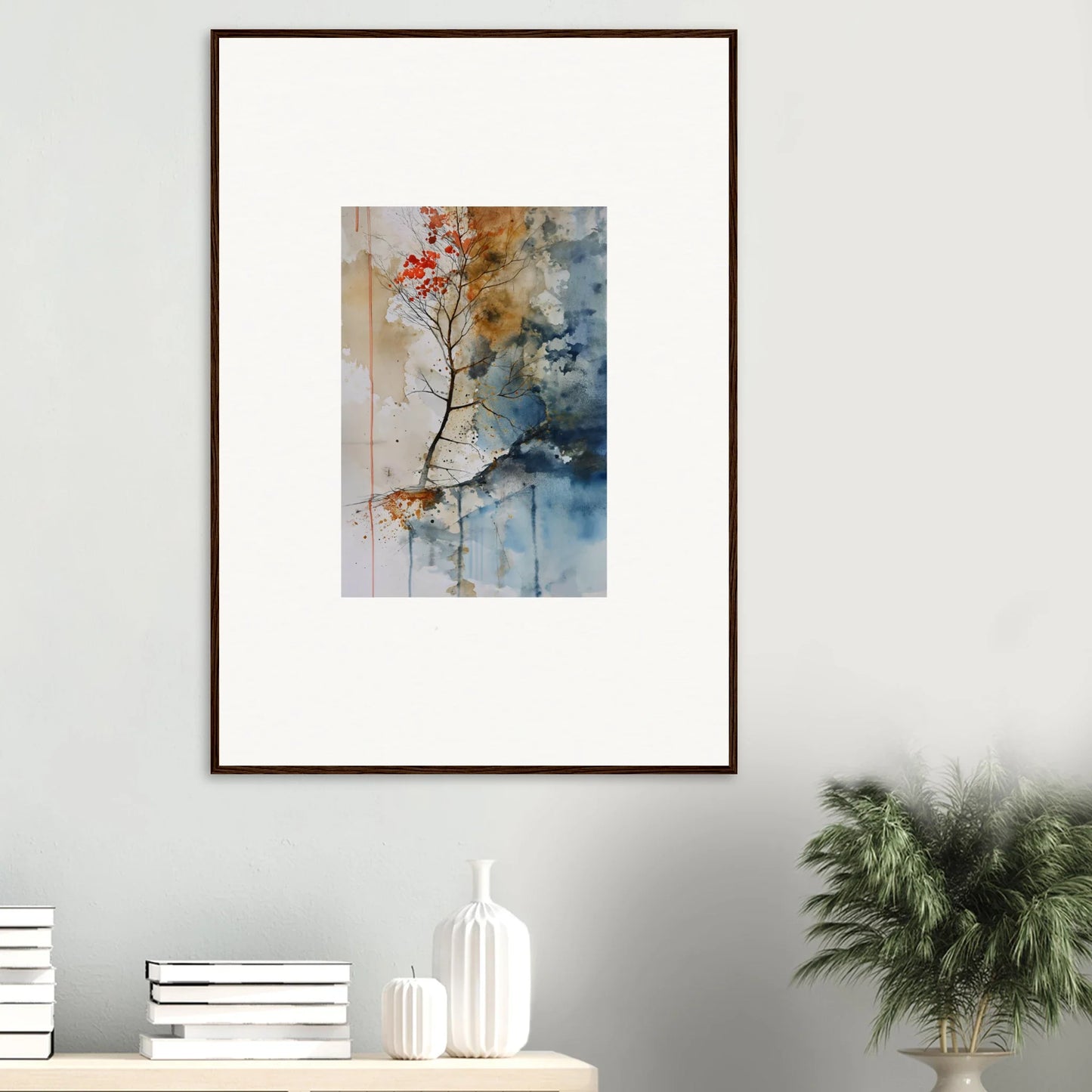 Framed watercolor wall art of tree branch with red blossoms for room decoration