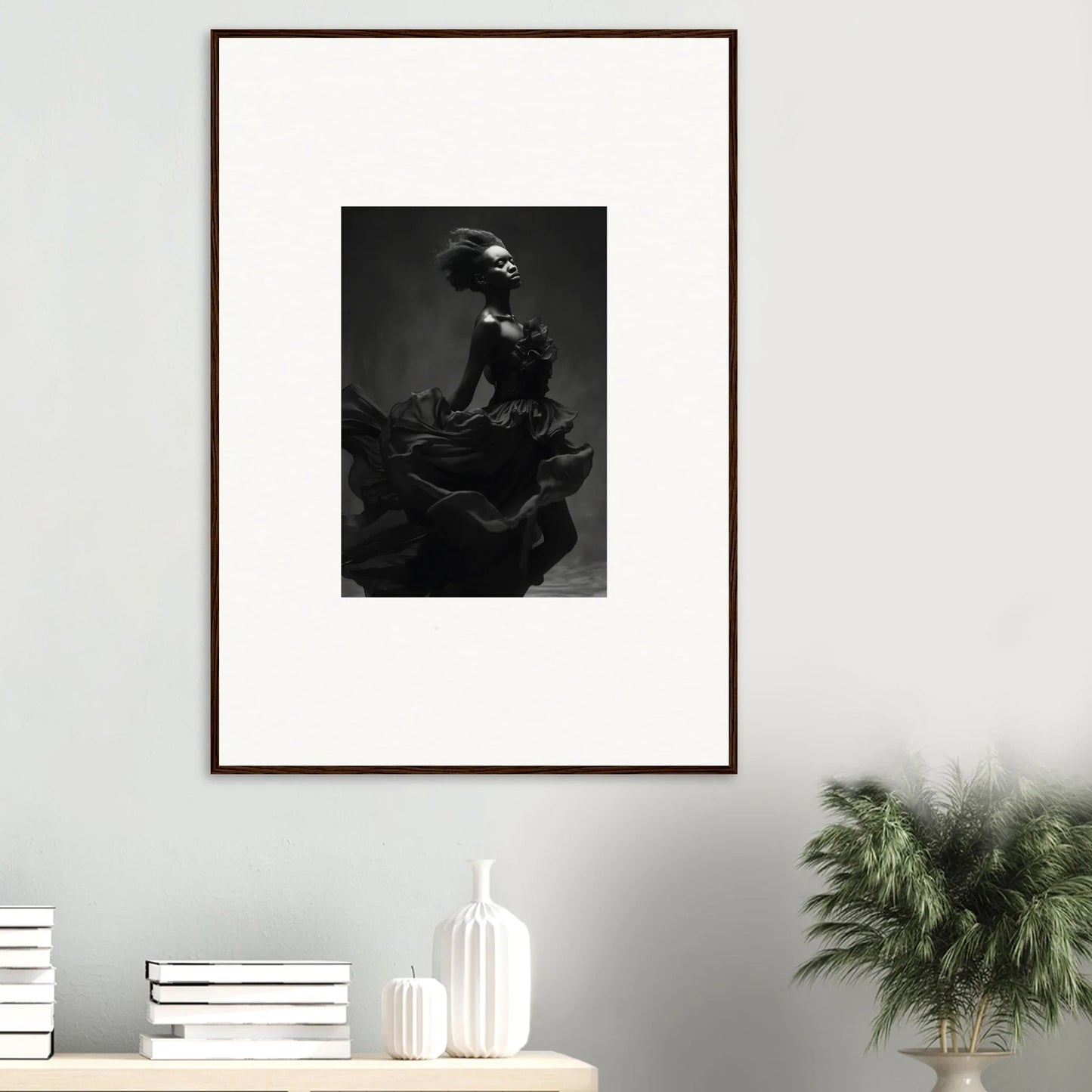 Framed black and white photo of Veiled Nigretto Whispers art on a stylish wall