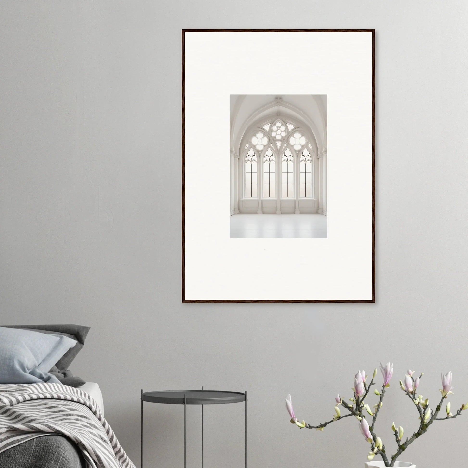 Framed wall art of a Gothic window in Ethereal Light Elegy with ornate tracery