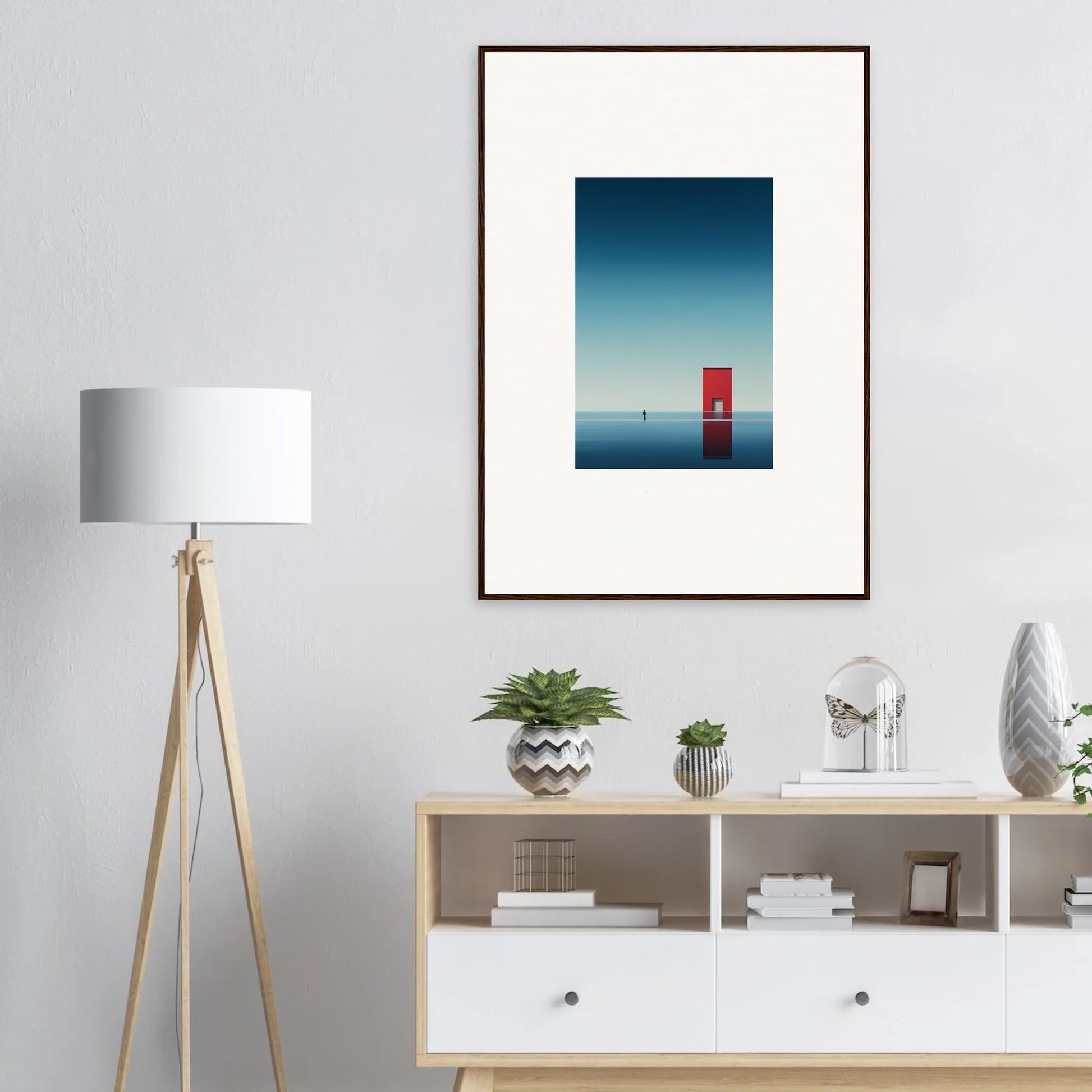 Framed minimalist art of a red phone booth under a blue sky, perfect for Open Horizon