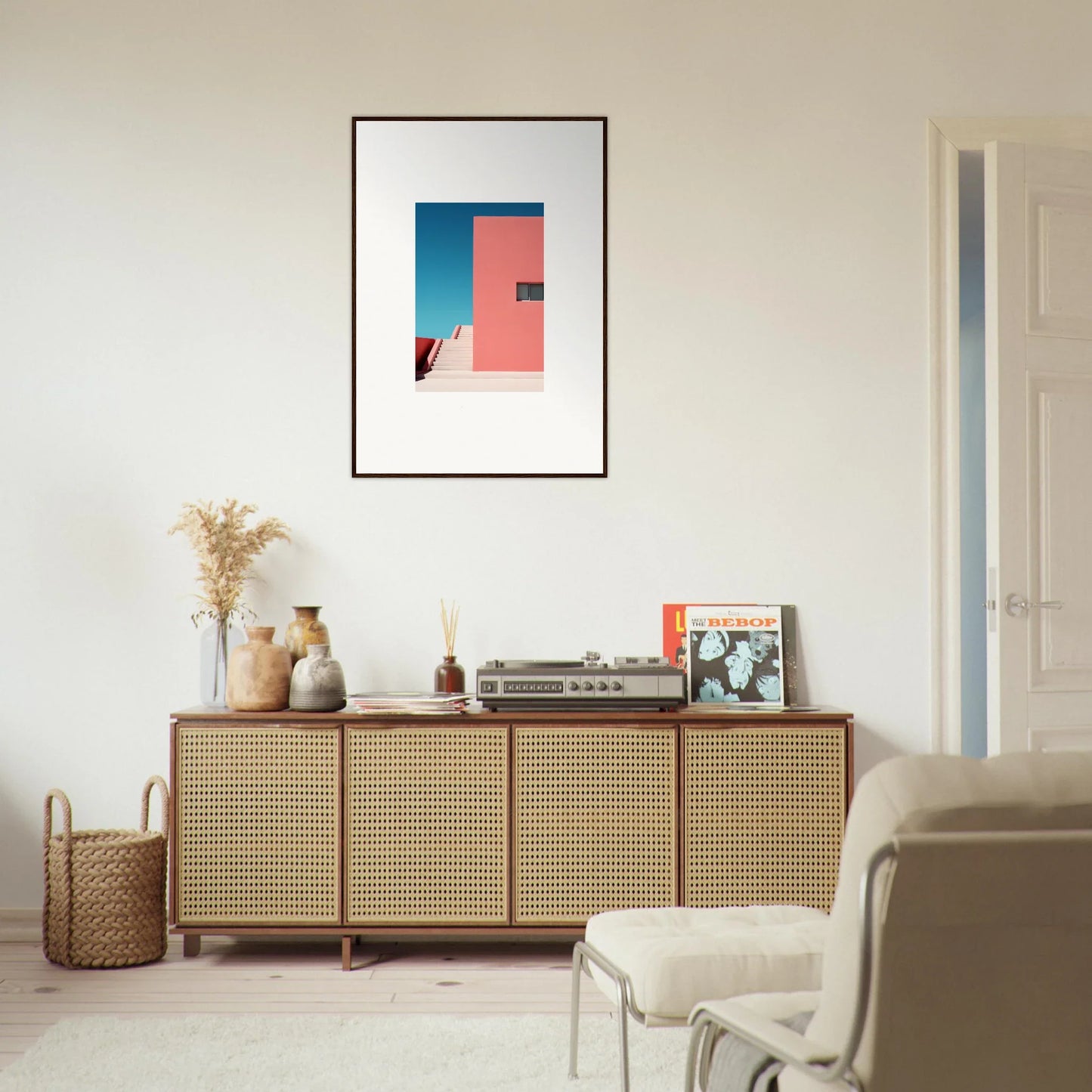 Rattan-fronted wooden credenza with four doors from Cerulean Dream Ickles collection