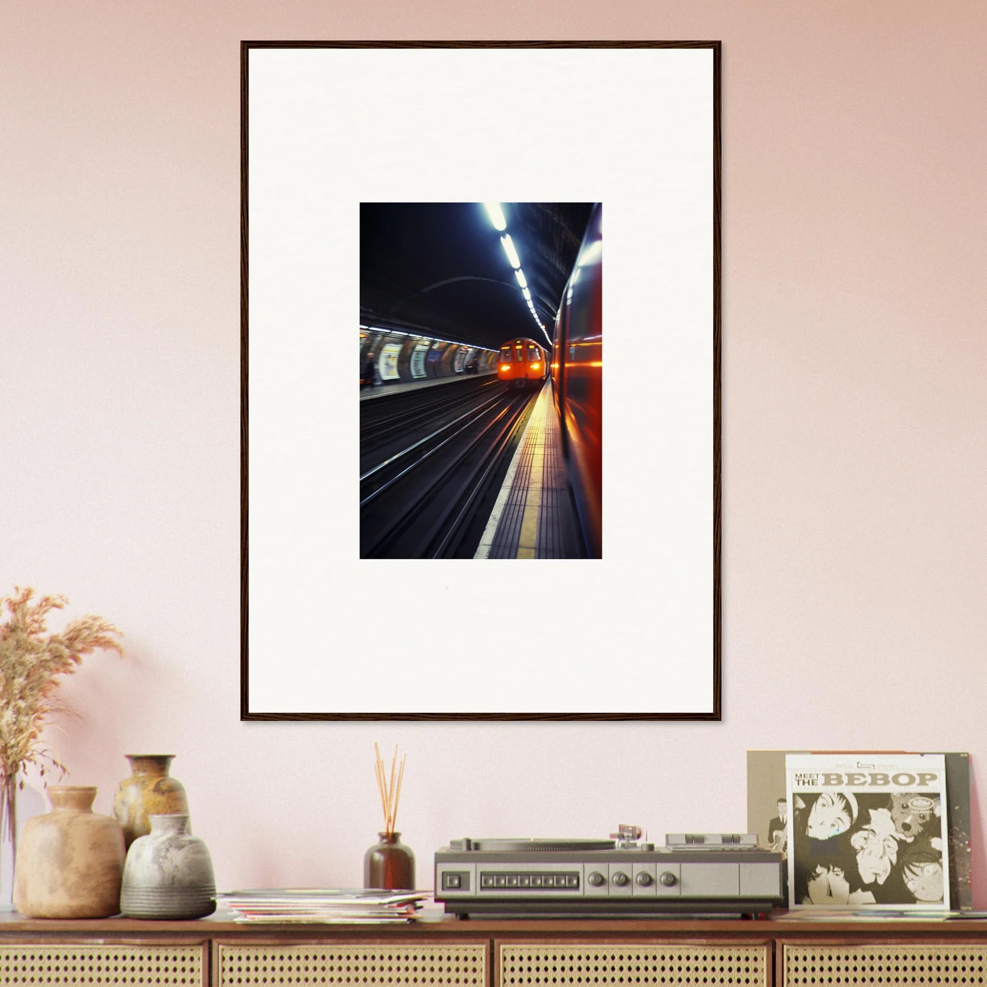 Framed photograph of a glowing subway tunnel platform in Threads Passagesquent Hues