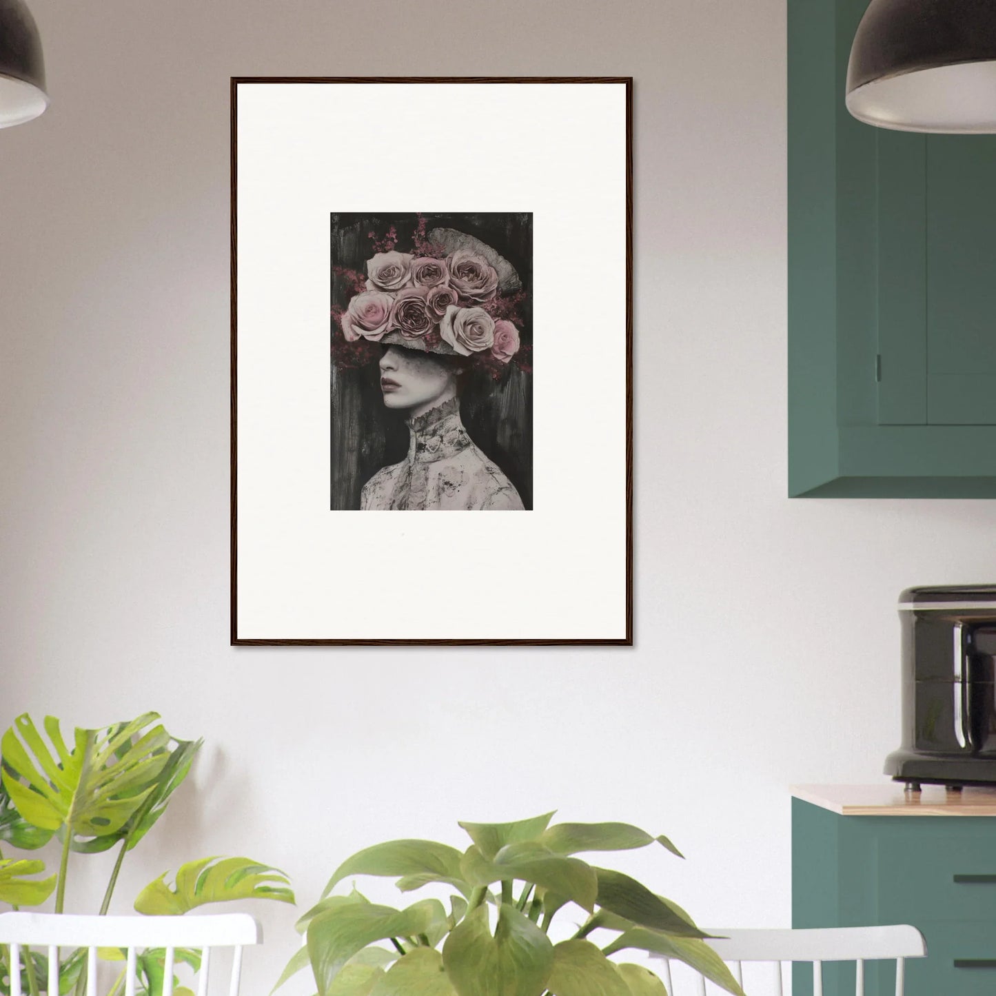 Framed black and white photo of a figure with roses, featuring Floral Odyssey Veil