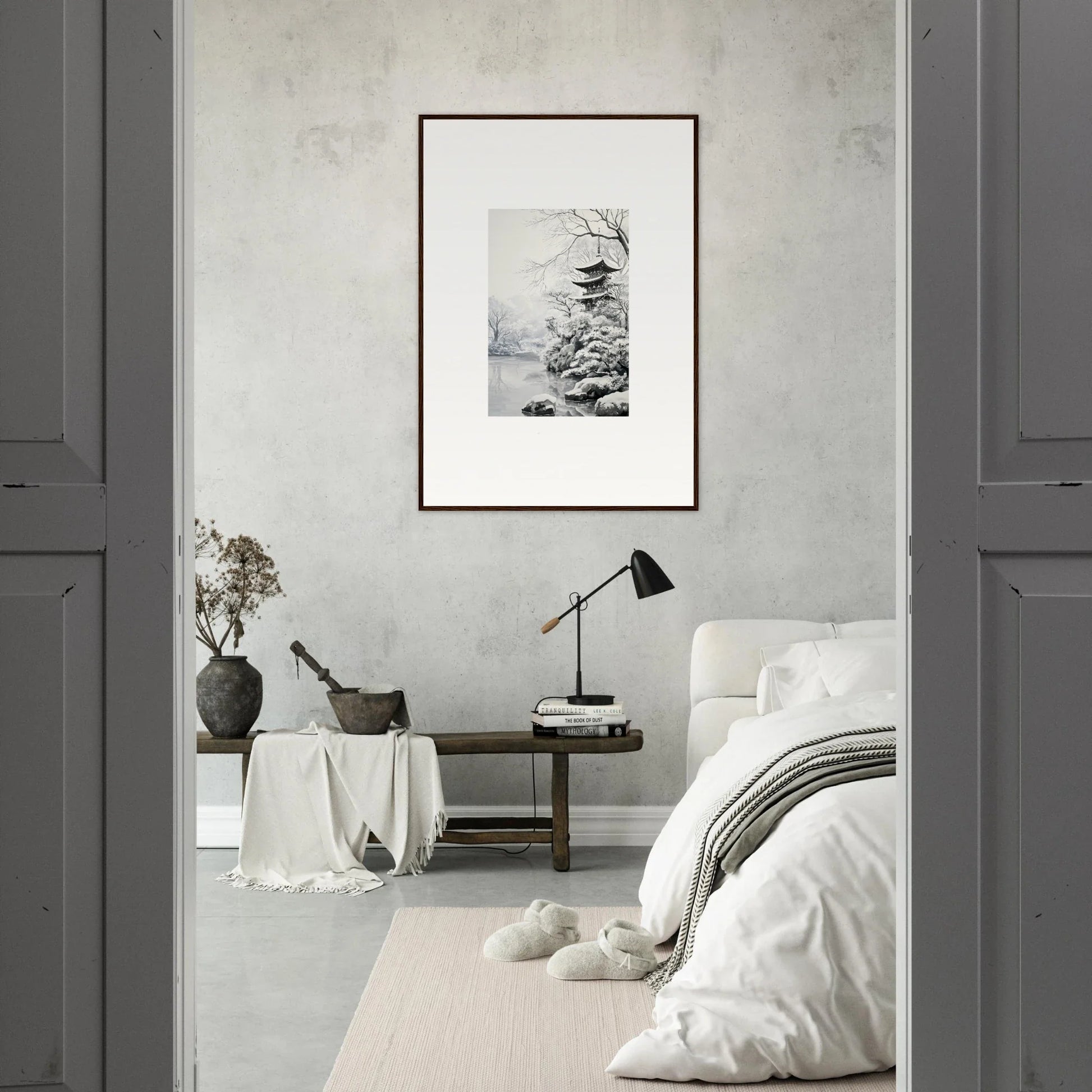 Monochromatic bedroom with minimalist decor showcasing Crystallized Blossom Oasis art