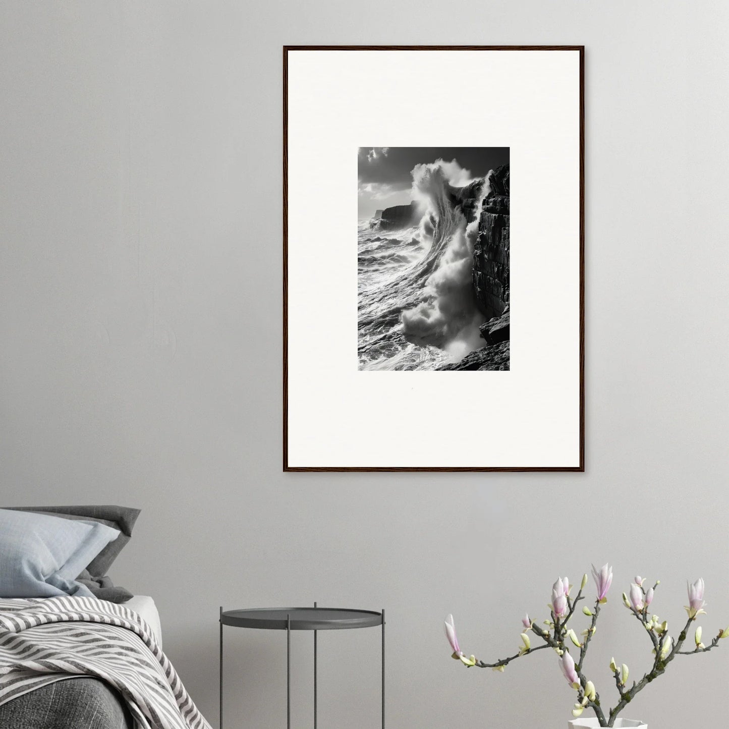 Framed black and white ocean wave art for Tidal Curved Reality special edition art™