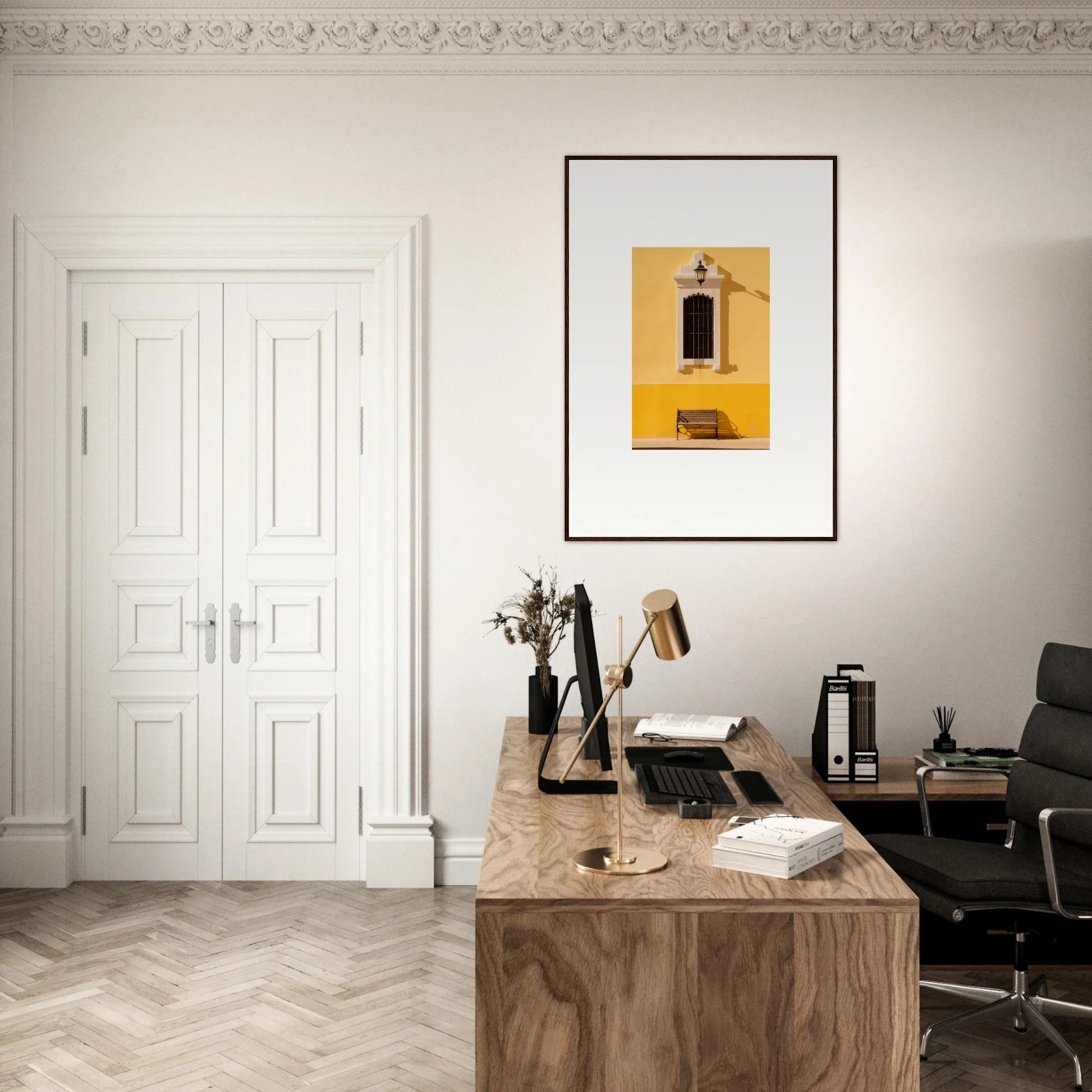 Wooden desk with minimalist design showcasing Six-light Cult Optionsky premium wall art