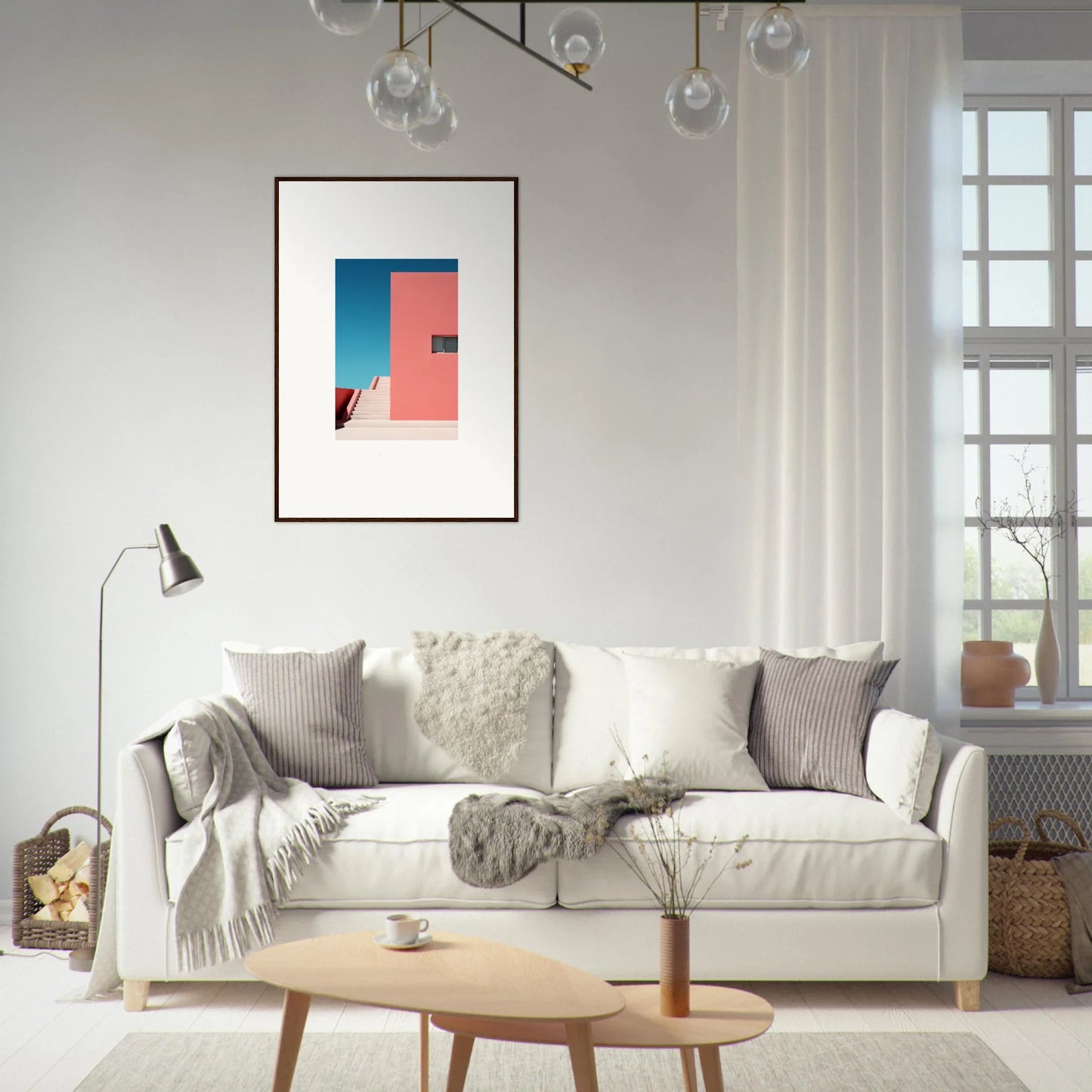 White sofa with gray throws and pillows featuring Cerulean Dream Ickles design