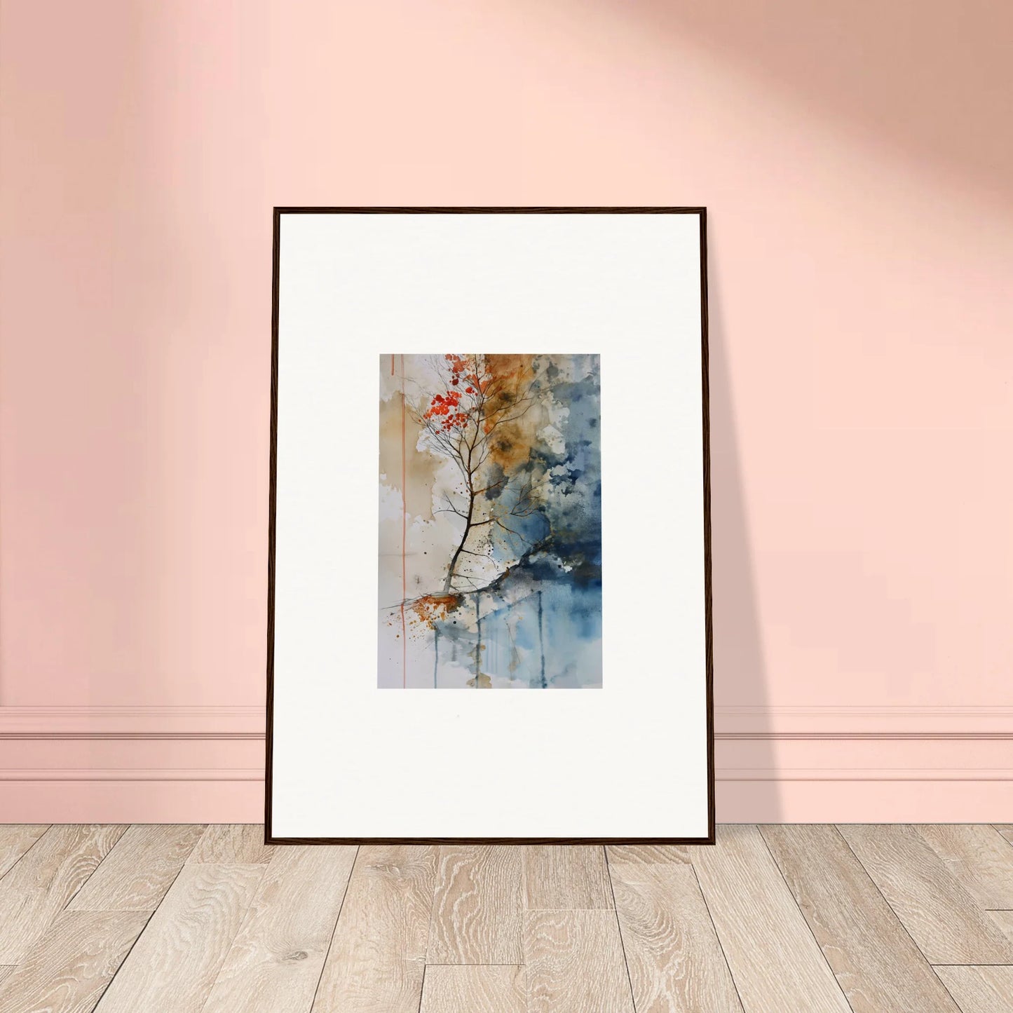Framed watercolor floral branch in Autumn Echoes canvas print for stylish room decoration