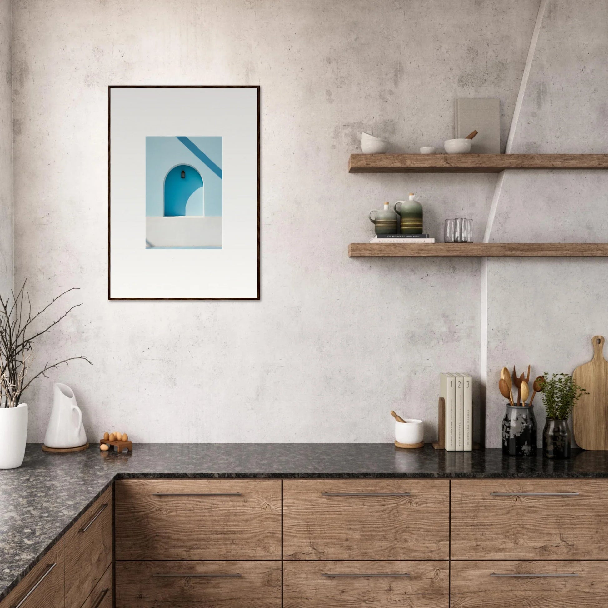Modern kitchen cabinetry in Elusive Solitude Clarity with wooden fronts and dark countertops