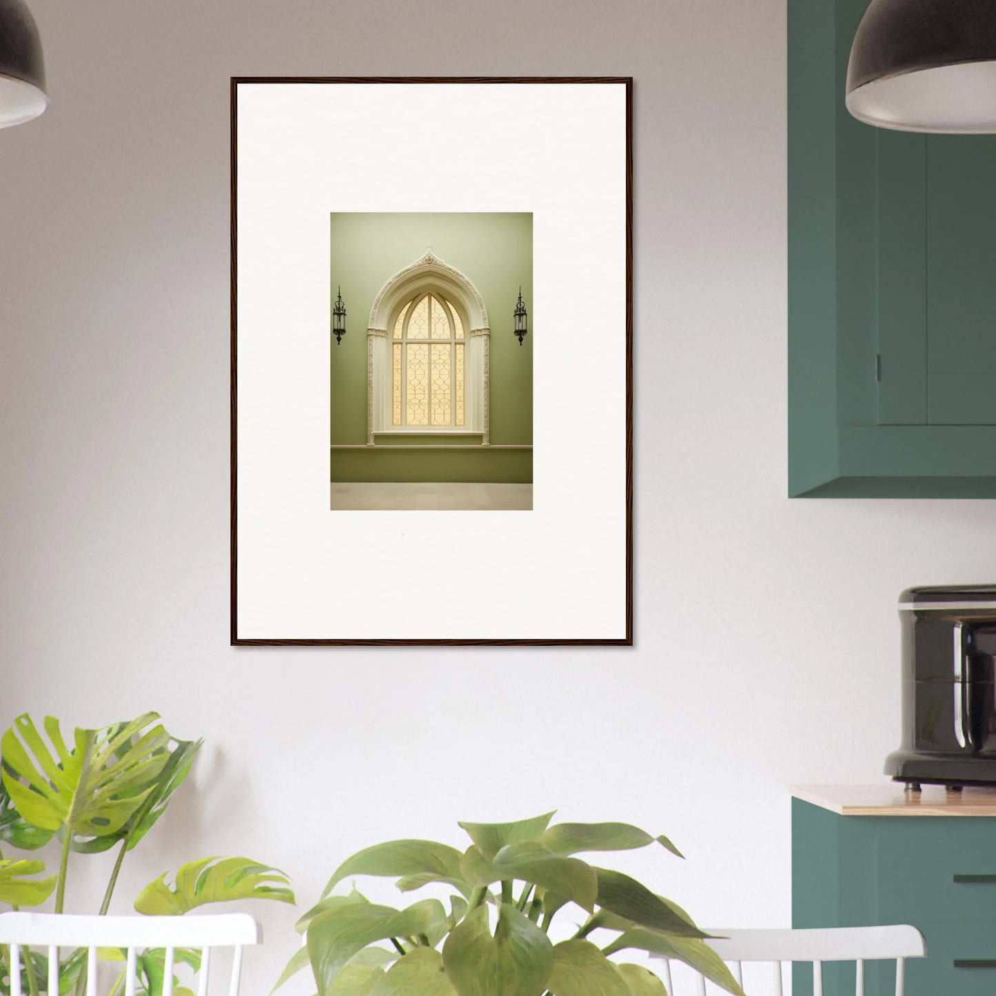 Framed wall art of an arched window with sconces in Opalescent Tranquility Dwelling