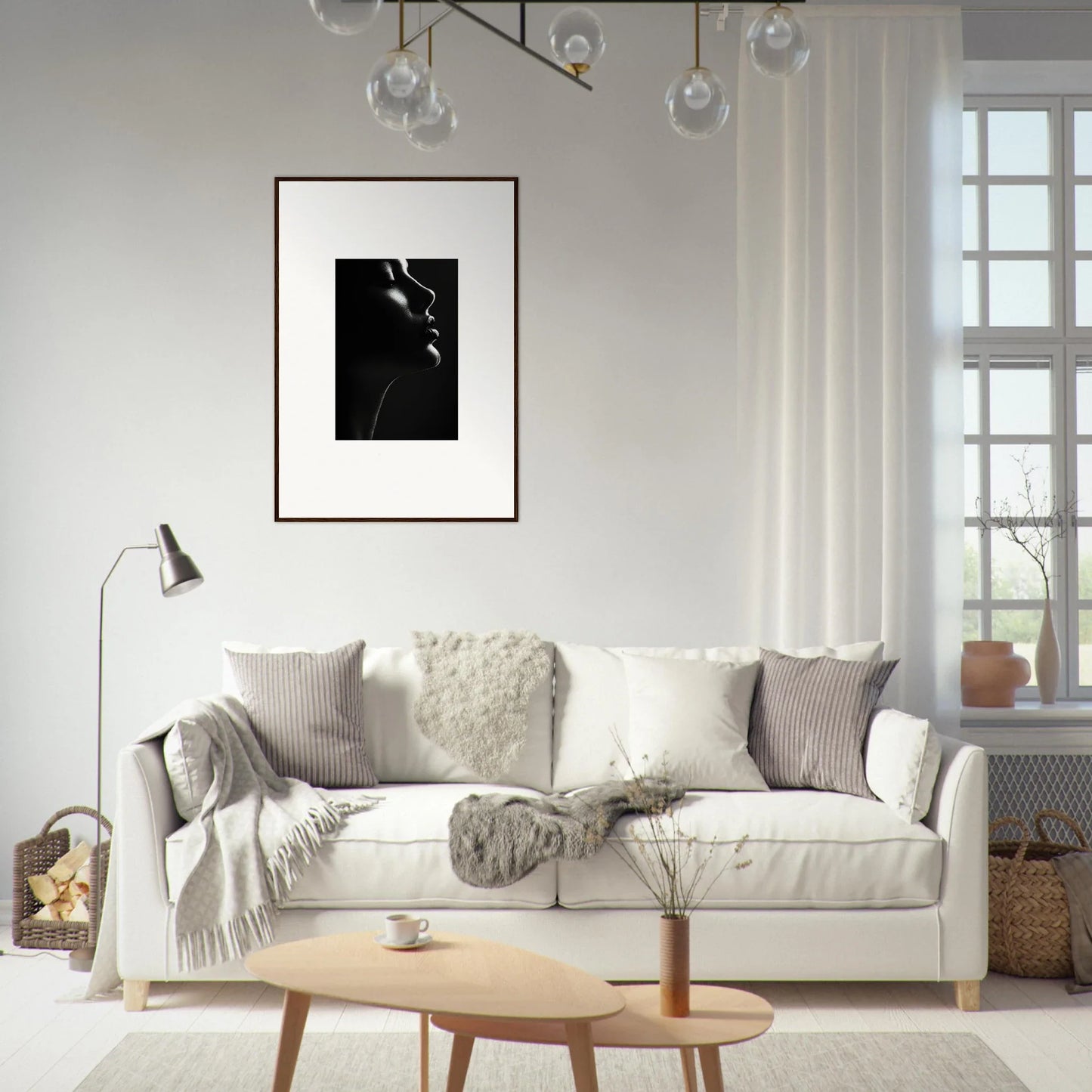 White sofa with gray and cream pillows, featuring Yin Space Reverie special edition art™