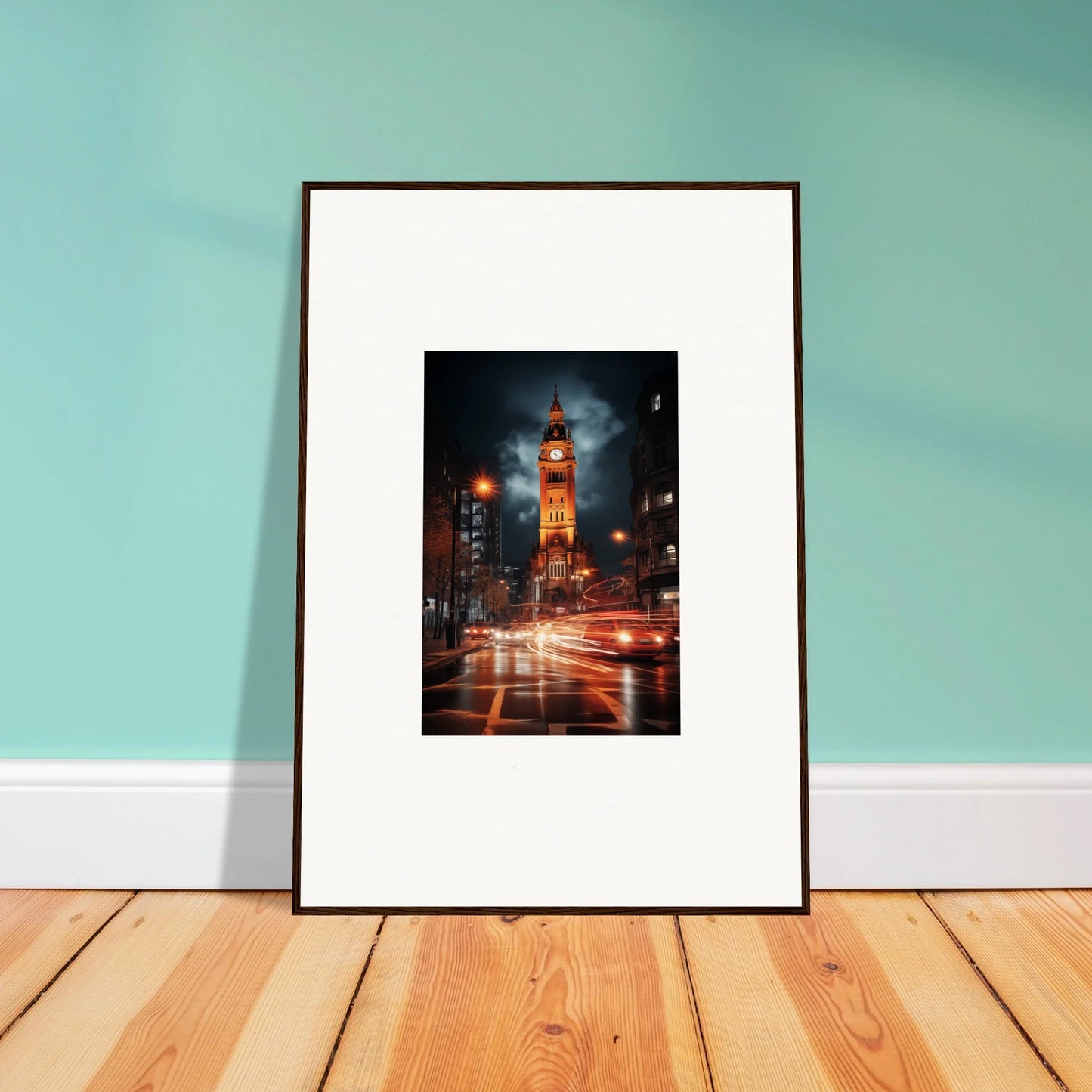 Framed photo of a lit clock tower at night with traffic light trails, Venomous Clocklight Nrtabbat