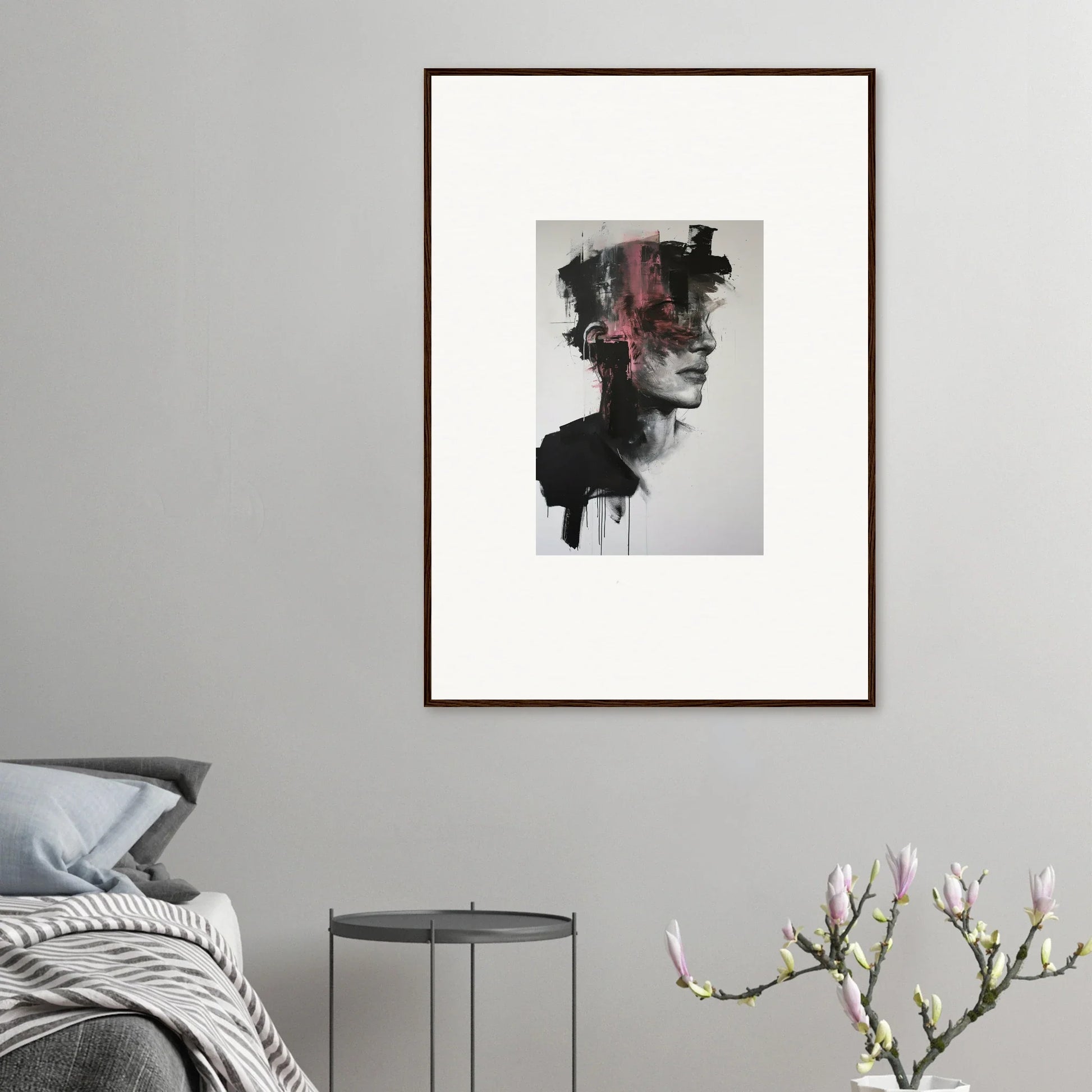Abstract black and white portrait with pink accents in a brown frame, Fragmented Psyche Canvas