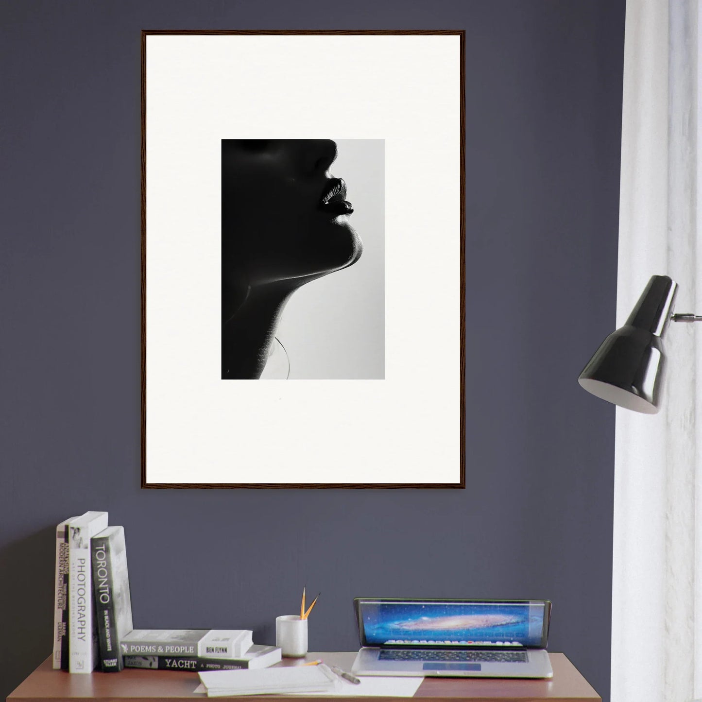 Framed black and white silhouette art from Ethereal Odyssey Sonata on a dark wall