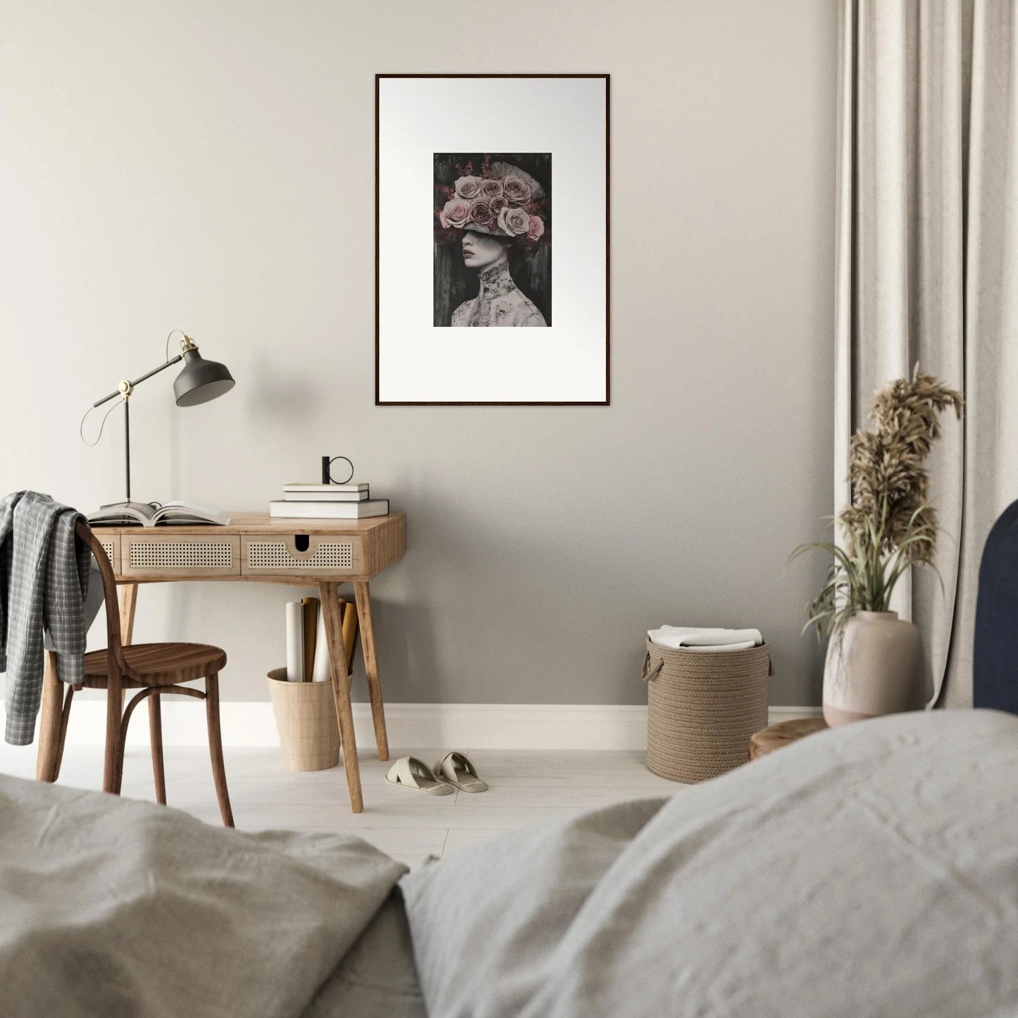 Framed black and white photo on light gray wall featuring Floral Odyssey Veil art