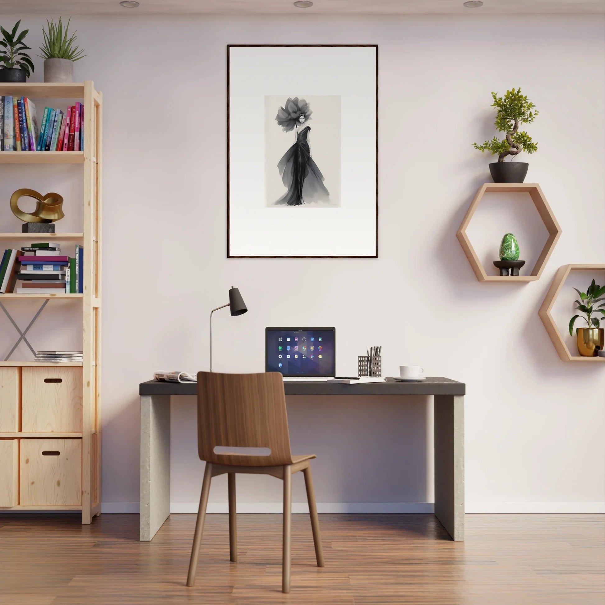 Modern home office with dark desk, wooden chair, and Curtain Bloom Dance art