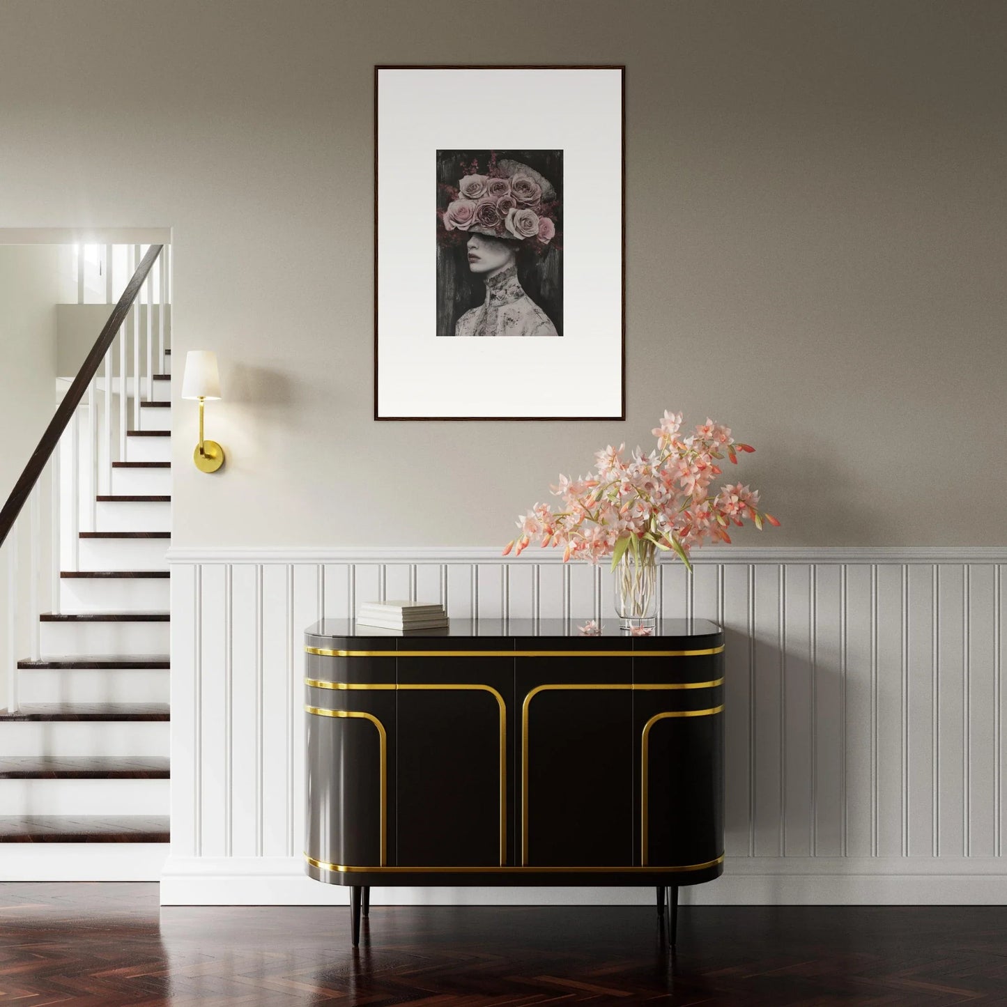 Black Art Deco credenza with gold trim, perfect for showcasing Floral Odyssey Veil