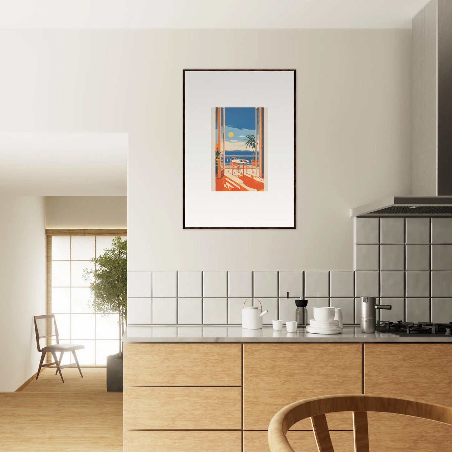 Framed poster of a coastal scene in orange tones for Tranquil Mirage Brunch art
