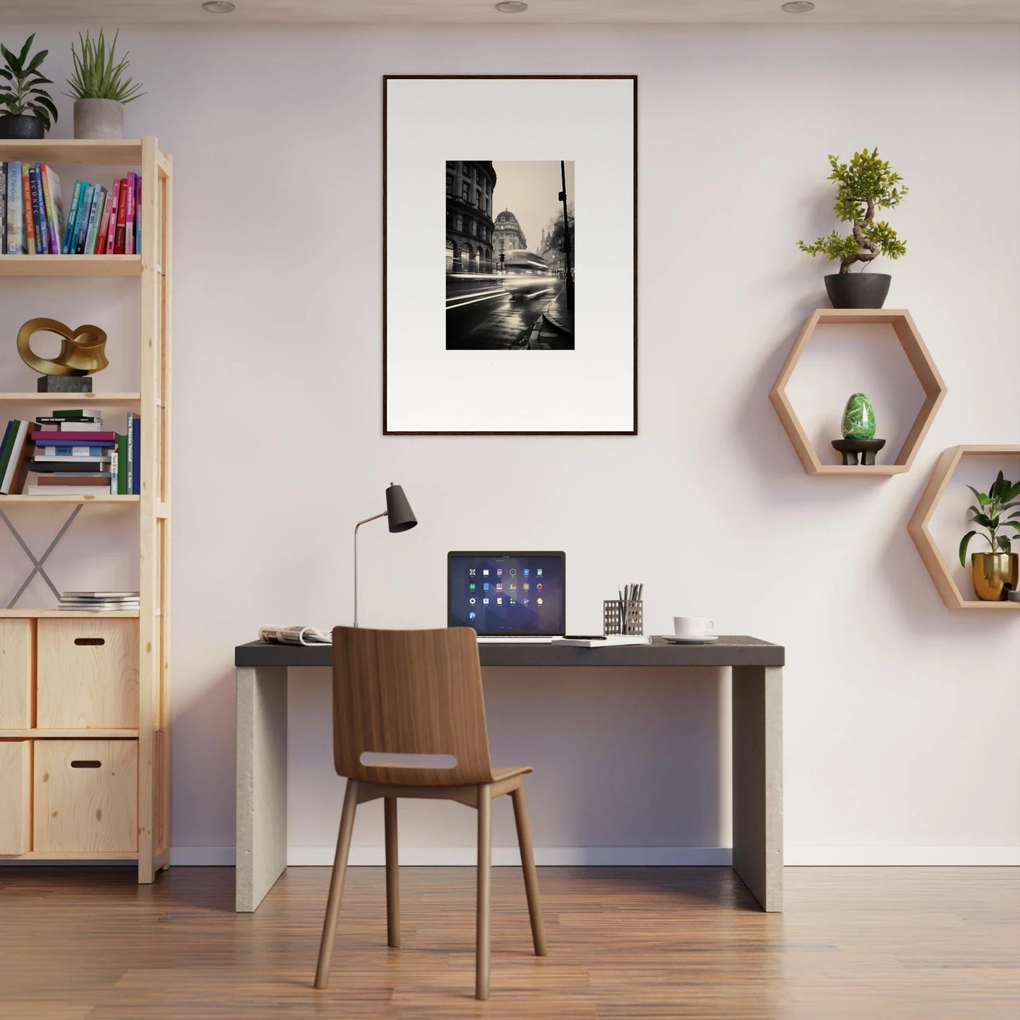 Modern home office with dark desk and wooden chair featuring Ethereal Citypulse Reverie