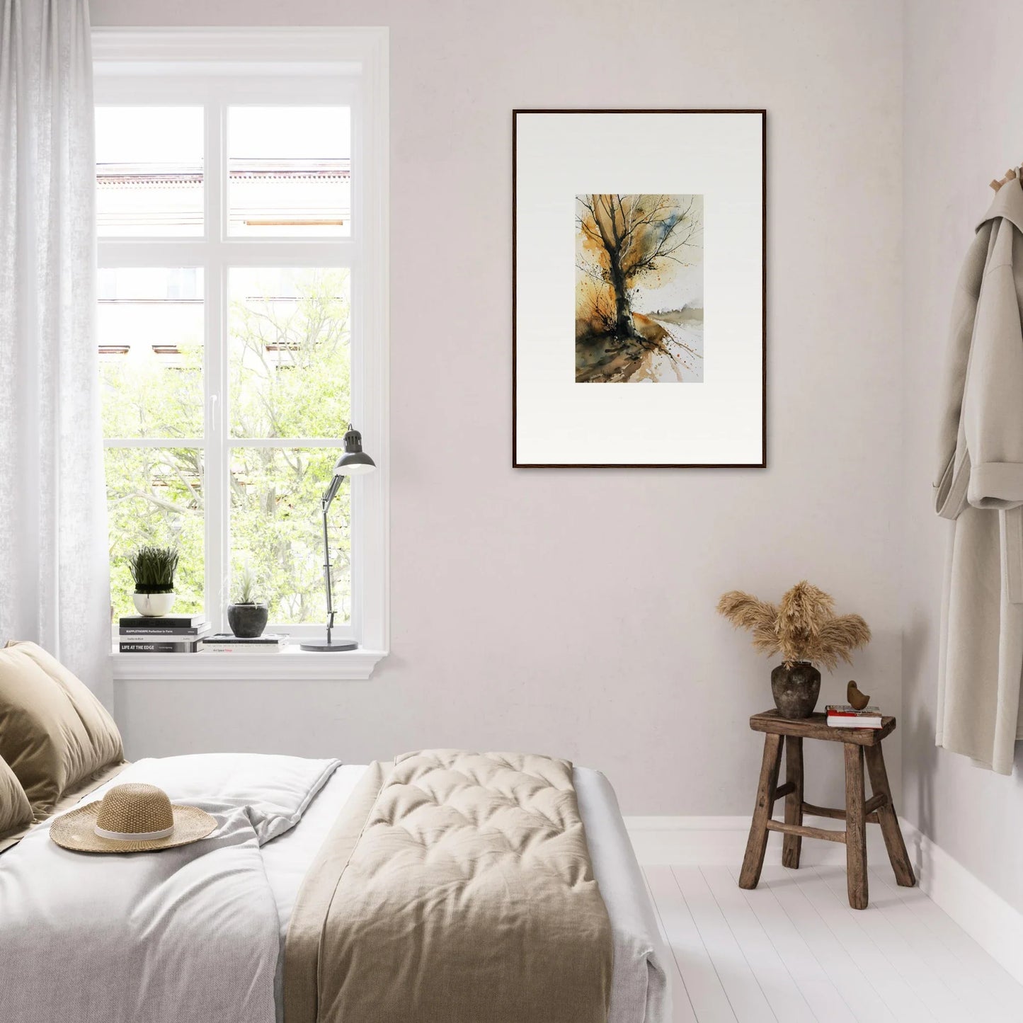 Cozy bedroom with neutral decor featuring a canvas print and stylish wall art