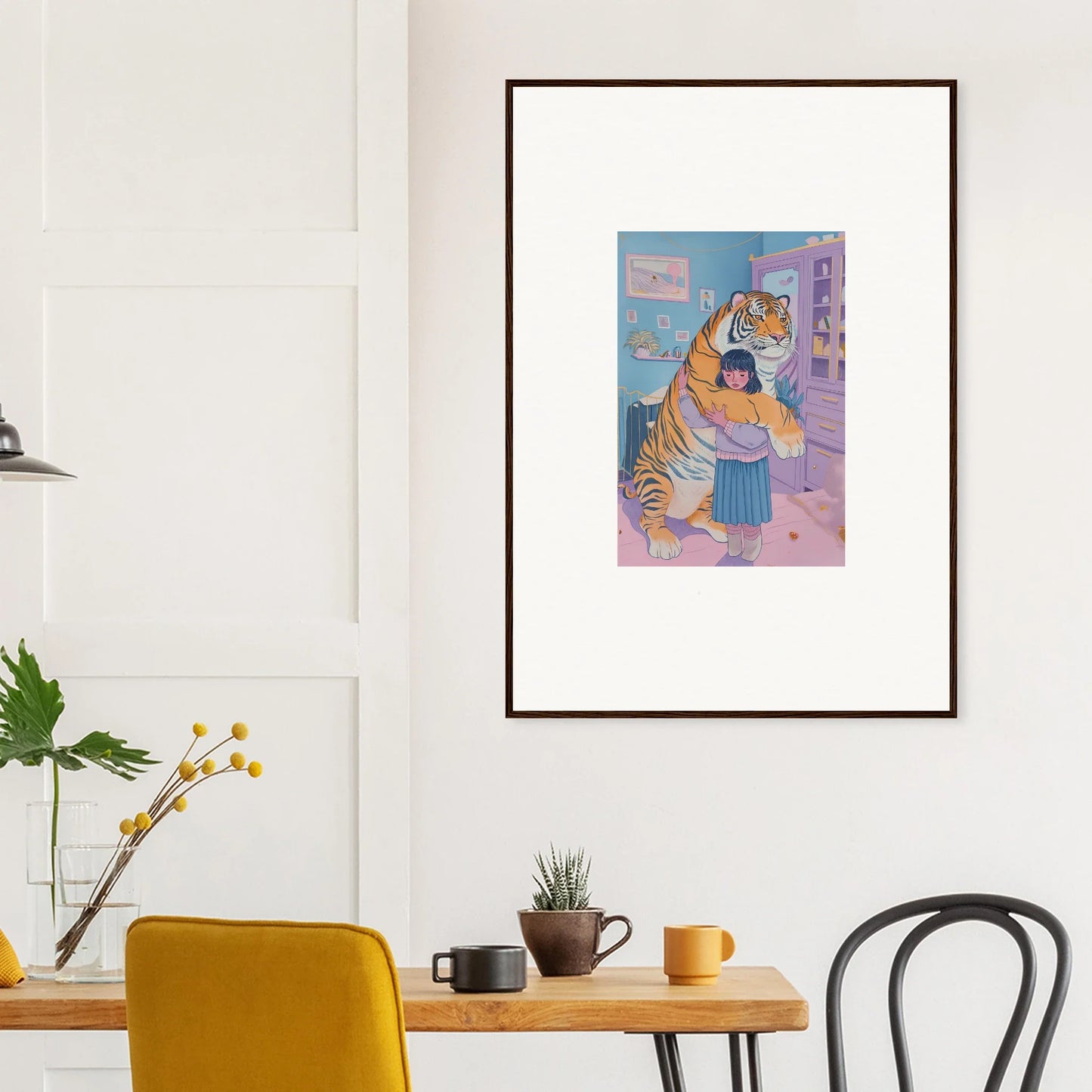 Framed canvas print of a tiger in a cozy domestic scene for room decoration
