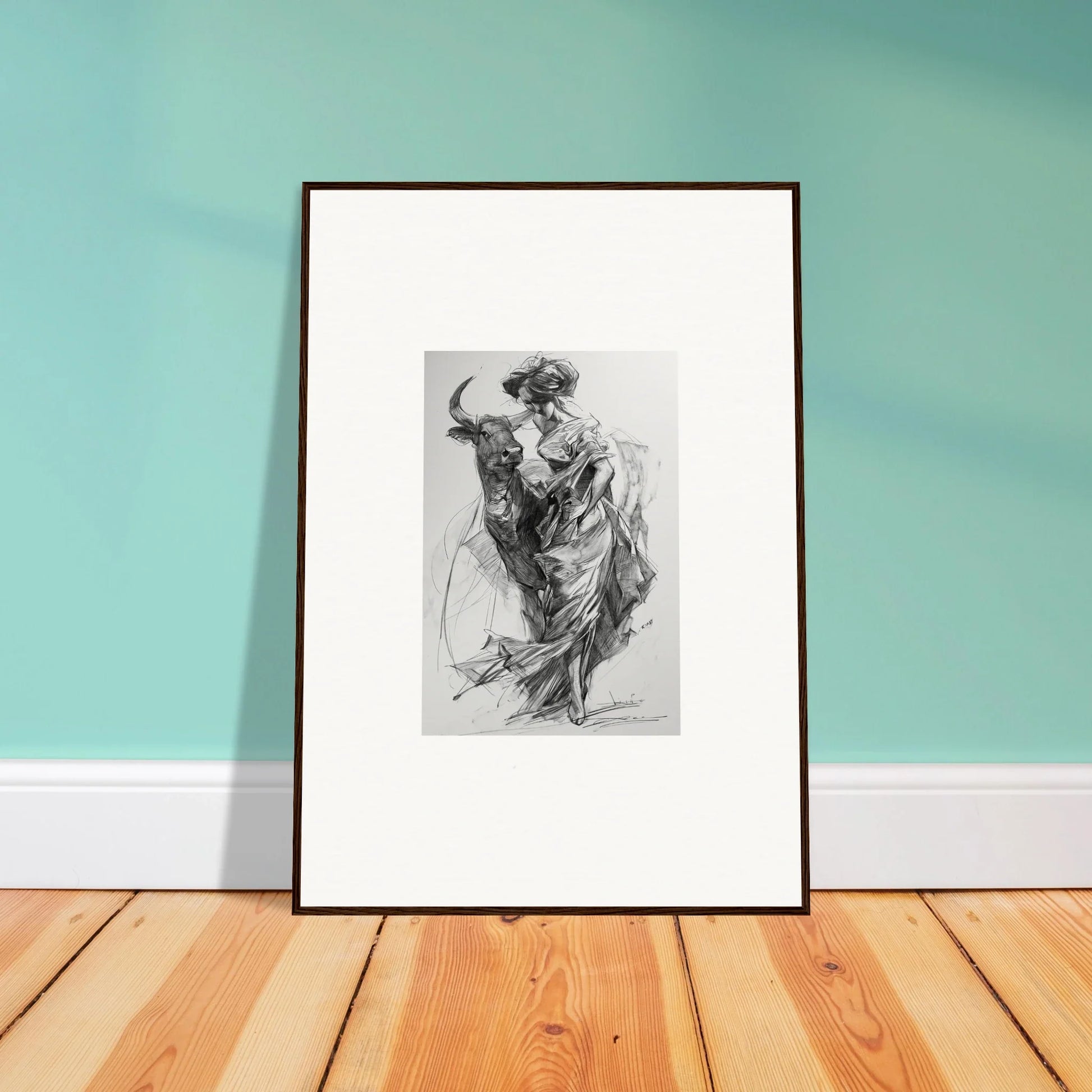 Framed black and white sketch of a dancing figure for Ebullient Abstract Liaisons