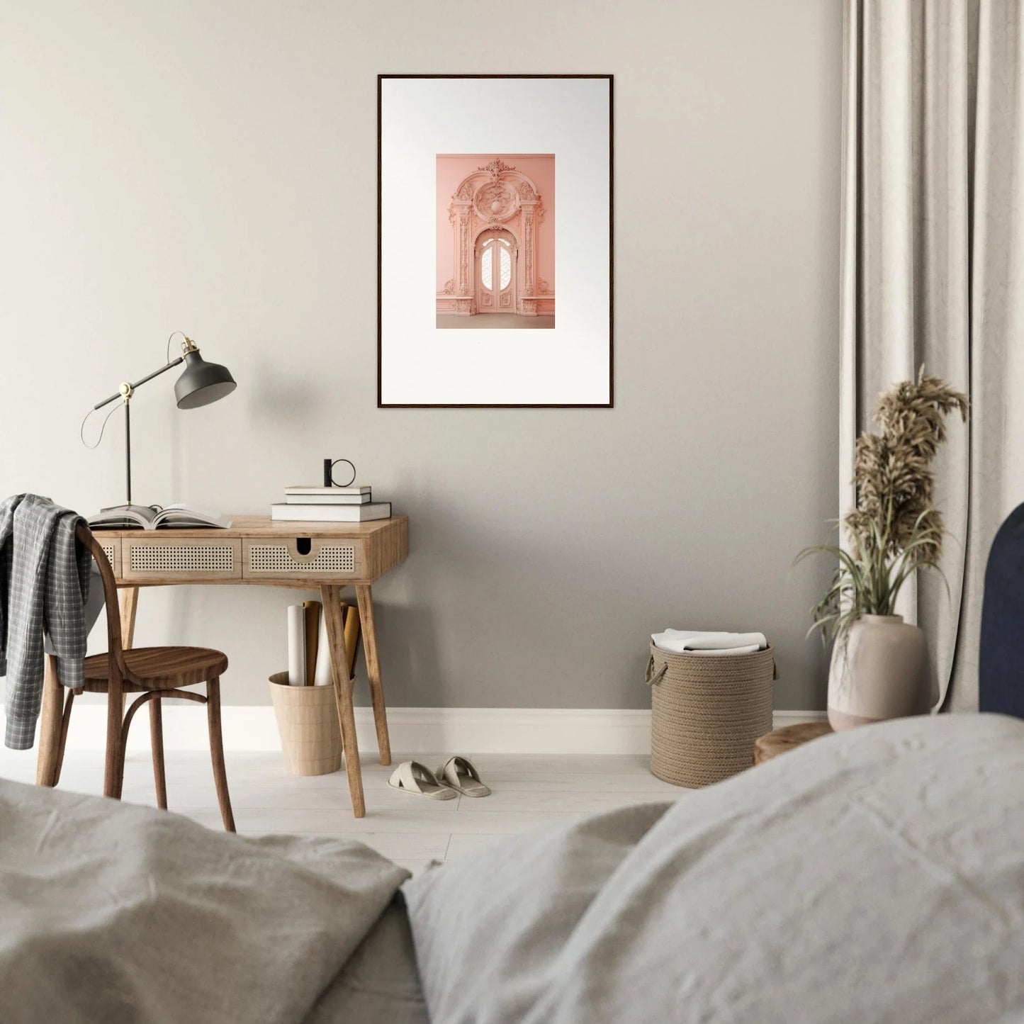 Wooden desk with a lamp and Framed Wall Art from the Ether Pendantia Portal