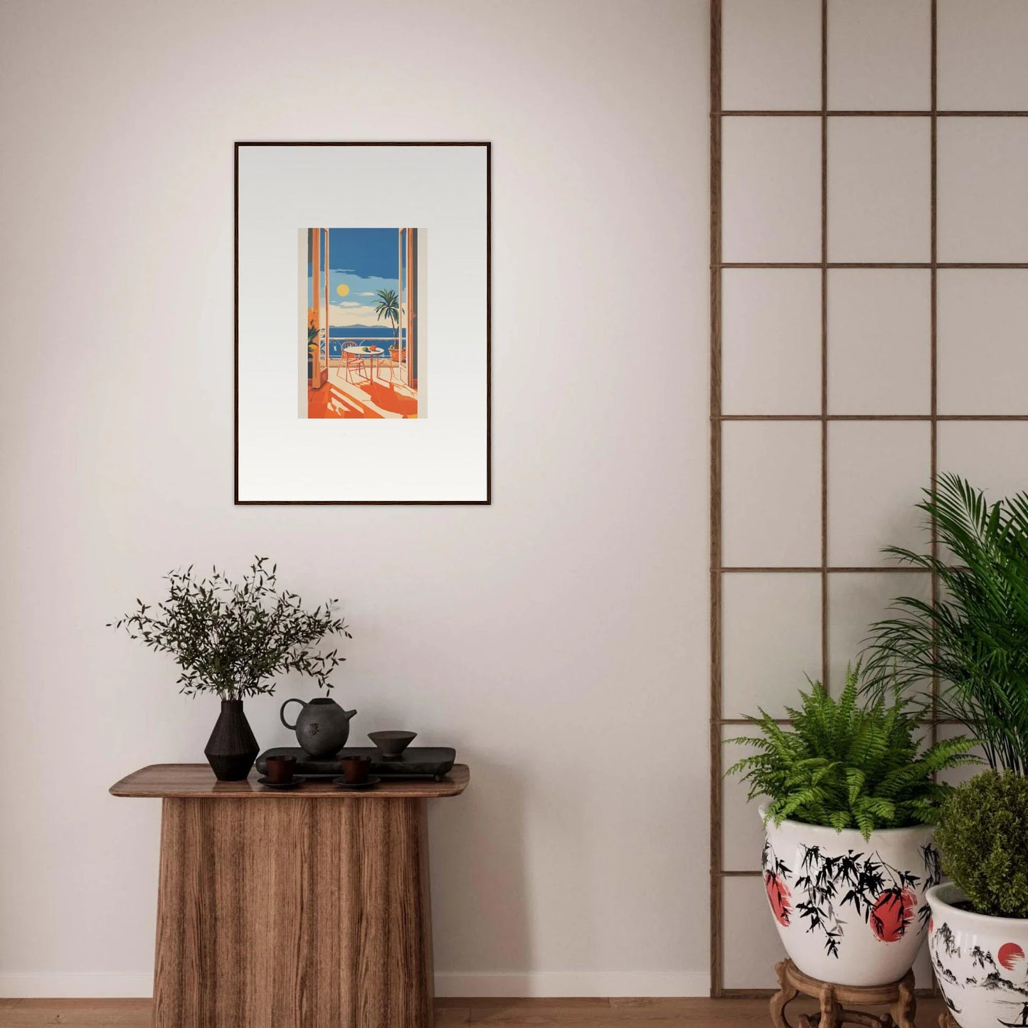 Framed Japanese-style artwork of mountains and blue sky for Tranquil Mirage Brunch