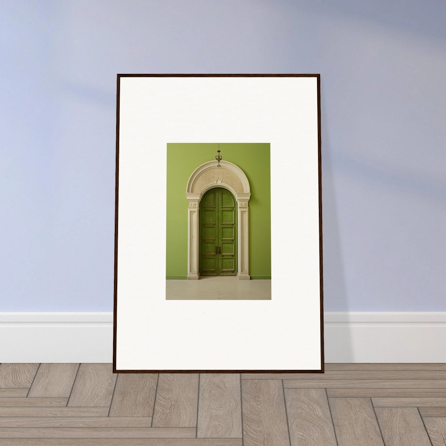 Framed wall art featuring a verdant luminary portal with ornate white trim
