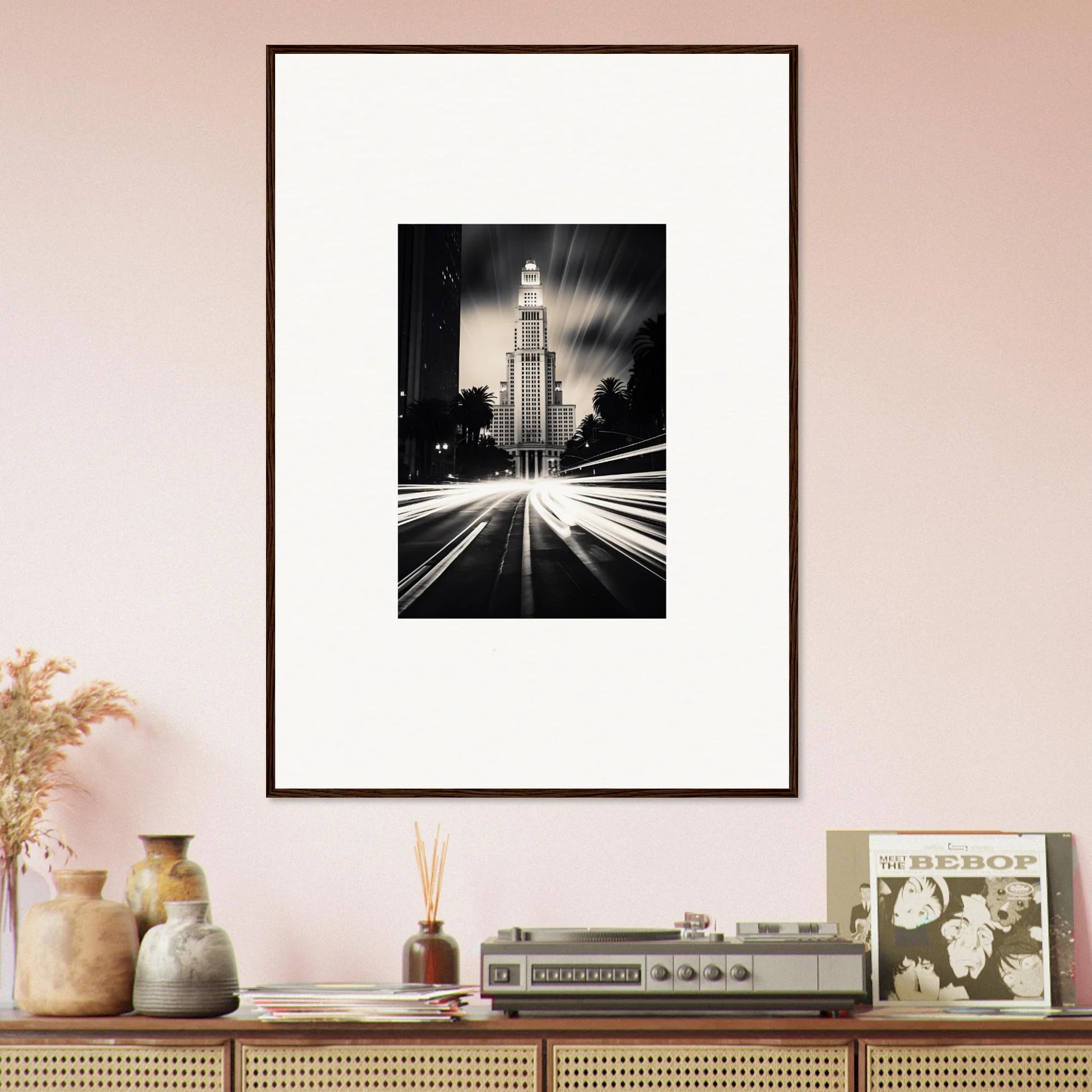 Framed black and white photo of Woolworth Building with light trails for Luminescent Metropolis Beacon