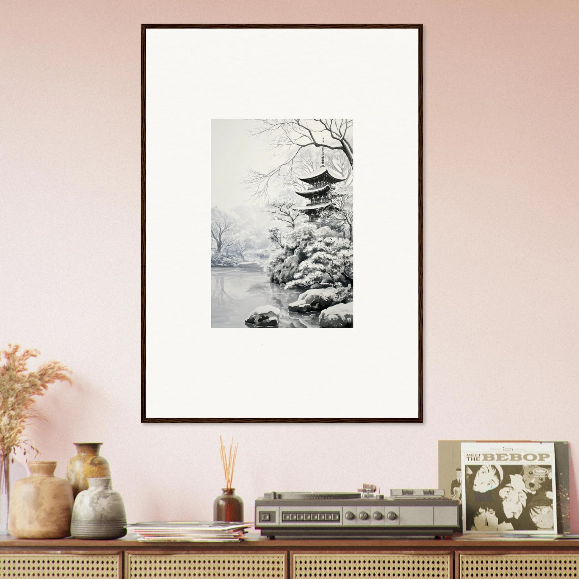 Framed black and white artwork of a Japanese pagoda in Crystallized Blossom Oasis