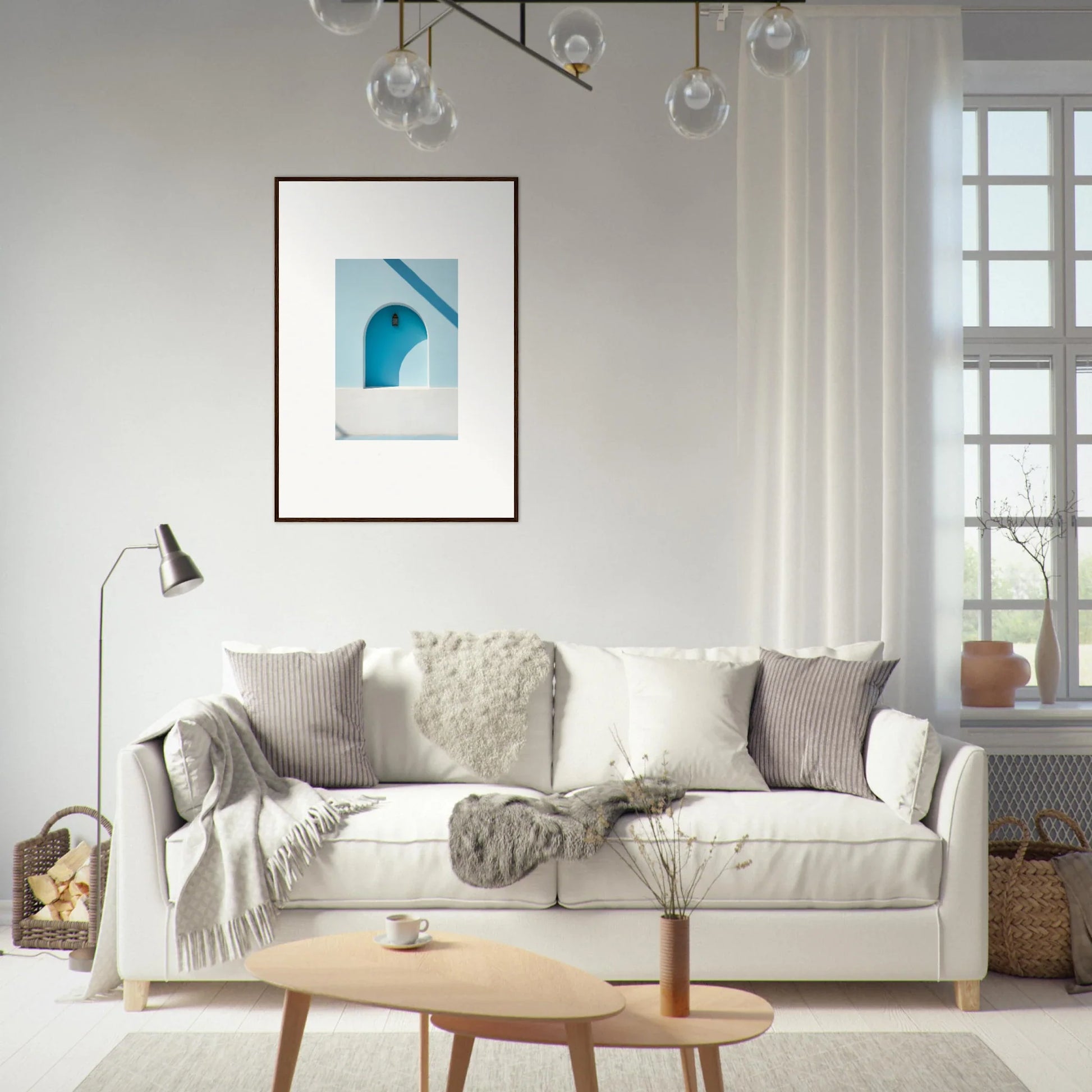 Cozy White Sofa with Gray and Cream Pillows for Elusive Solitude Clarity vibe