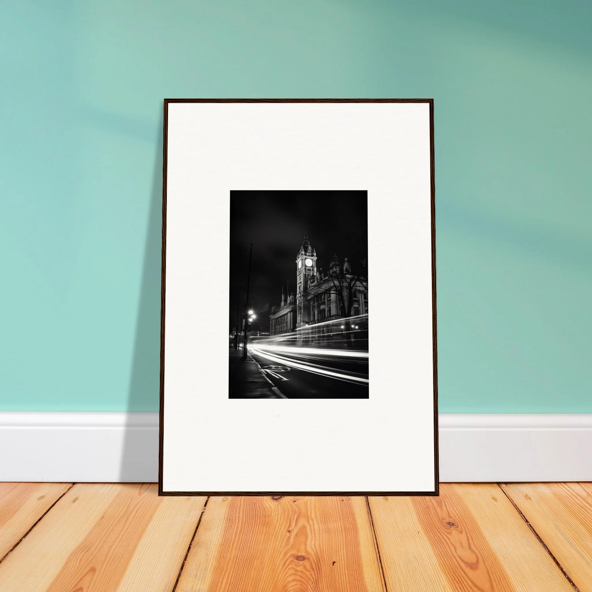 Framed black and white image of a city street with light trails, Temporal Phantasm Glide art