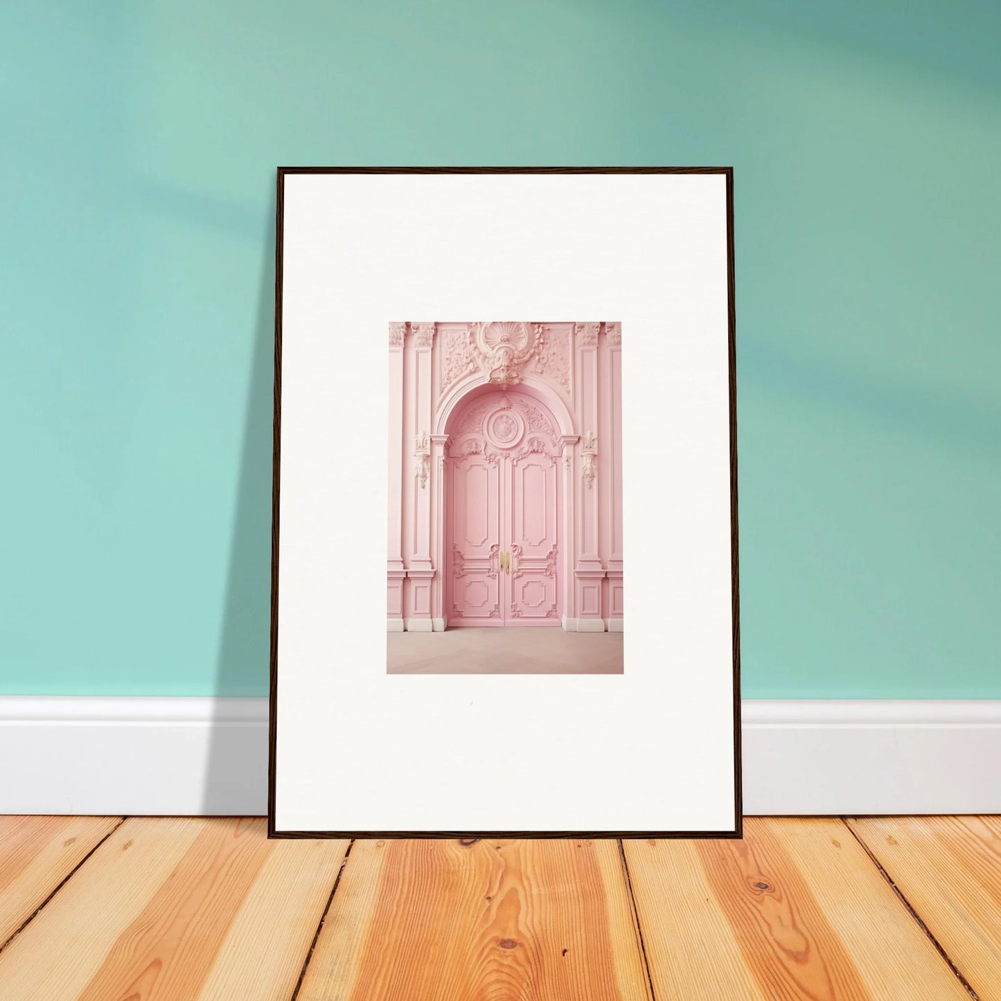 Framed art print of a pink ornate vintage door from Blush Merciful Renaissance special edition