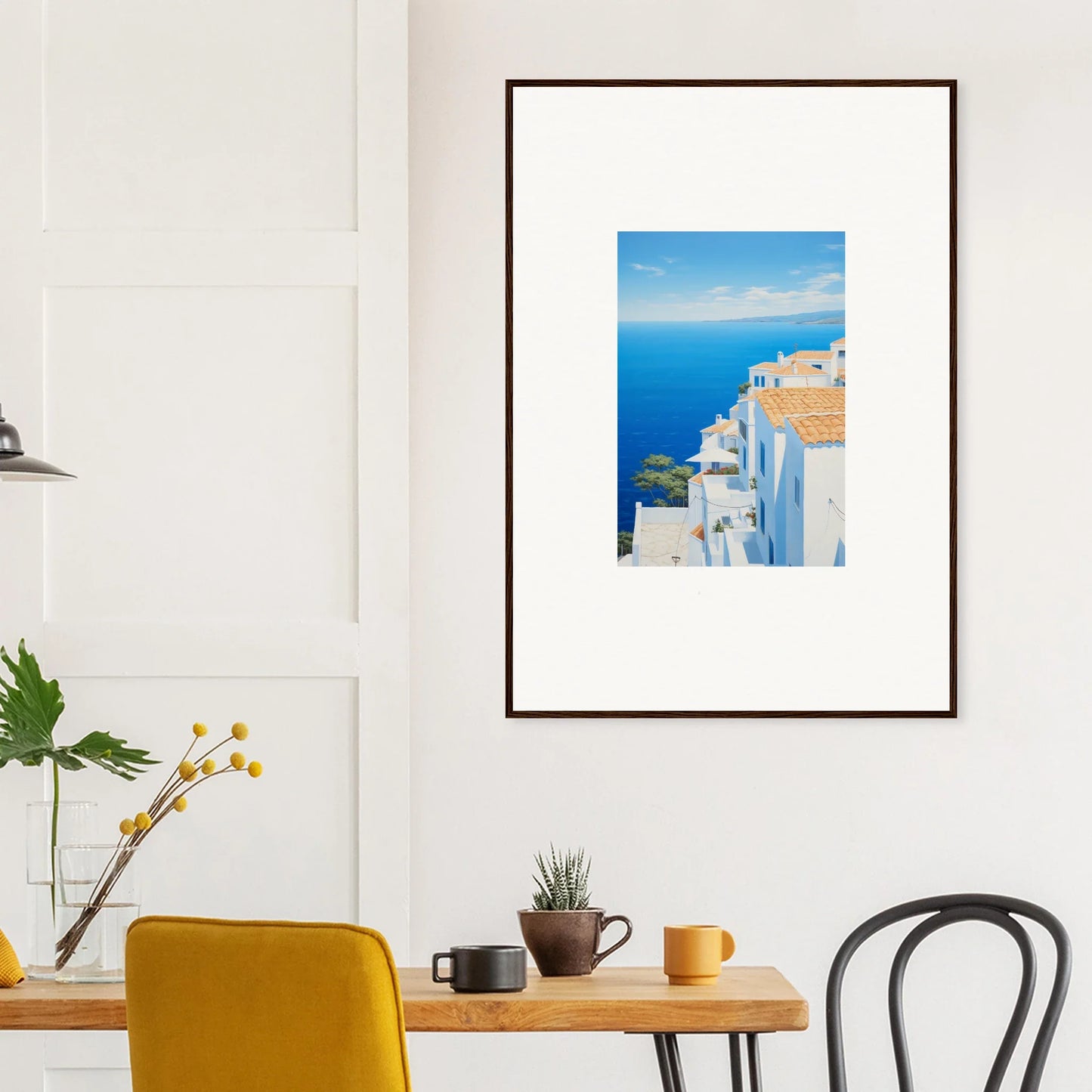 Framed wall art of Santorini’s white buildings in Mediterranean Dreams Fusion style