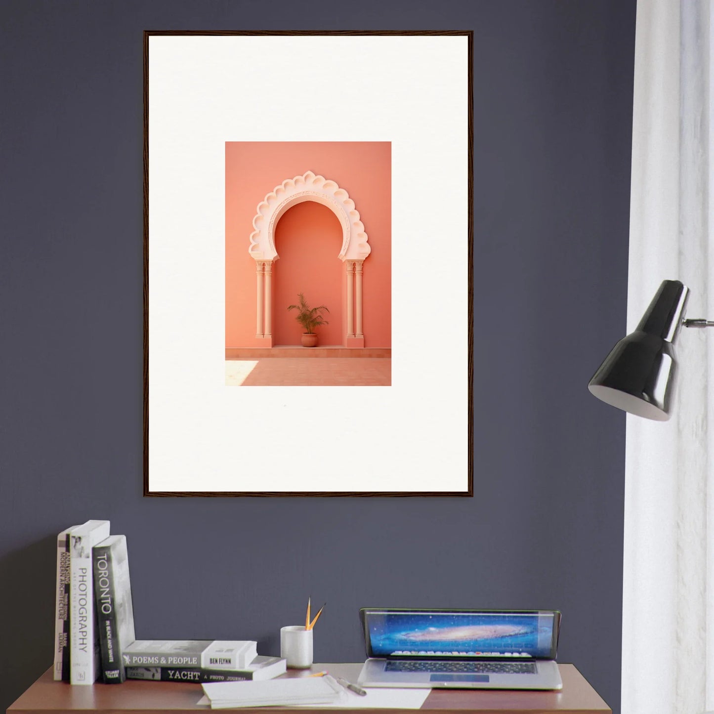 Framed wall art of Narco Échappatoire Portal with coral archway and potted plant