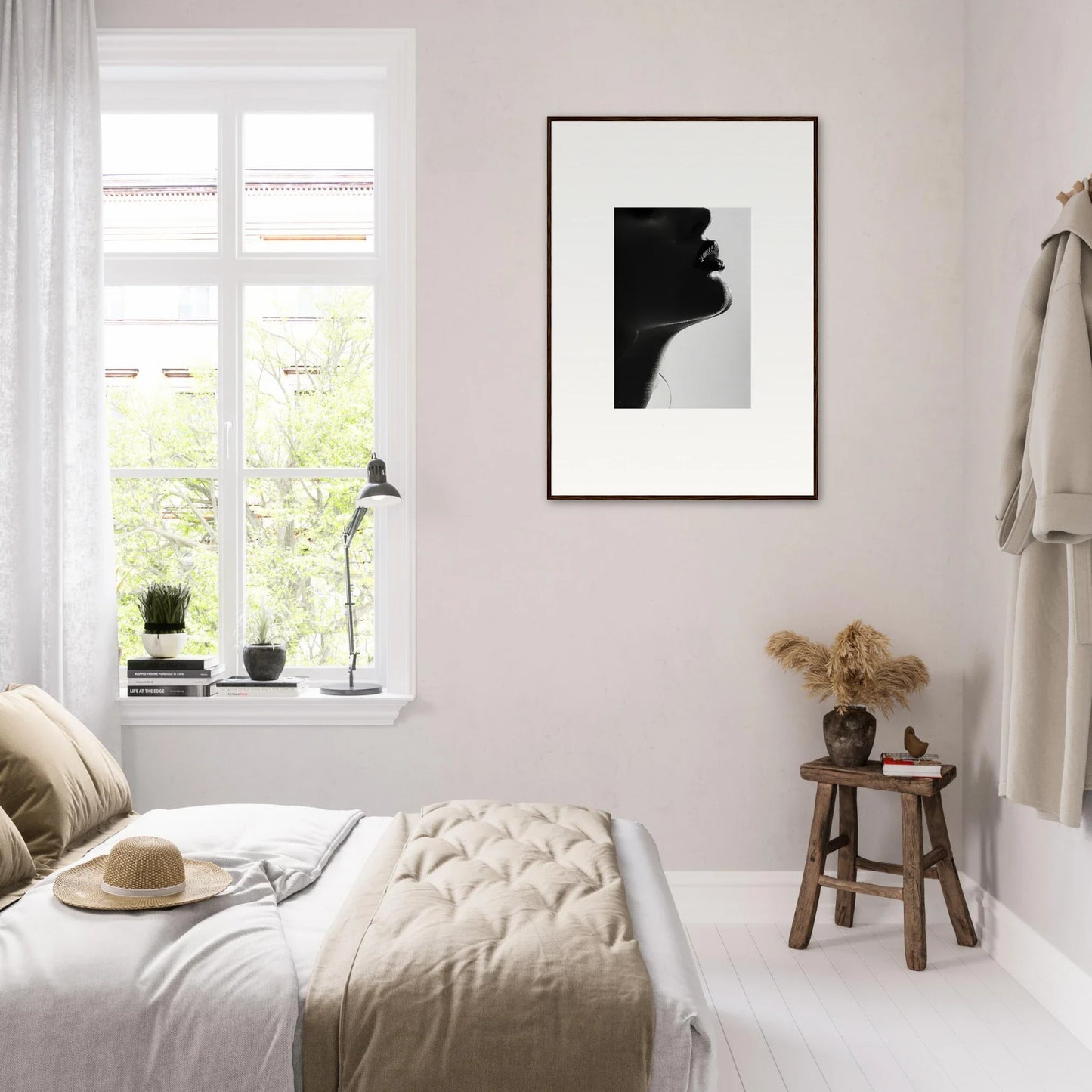 Minimalist bedroom featuring Ethereal Odyssey Sonata art and neutral tones