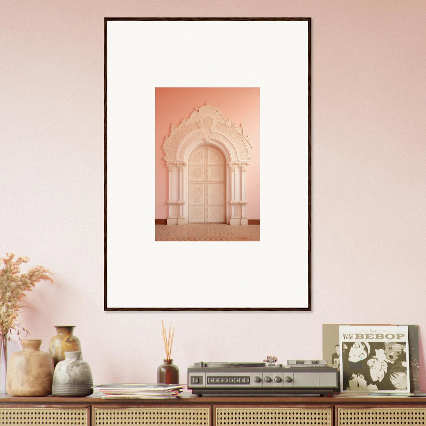 Framed wall art of a peachy arched doorway for Patio Reverie Sleutelenv special edition
