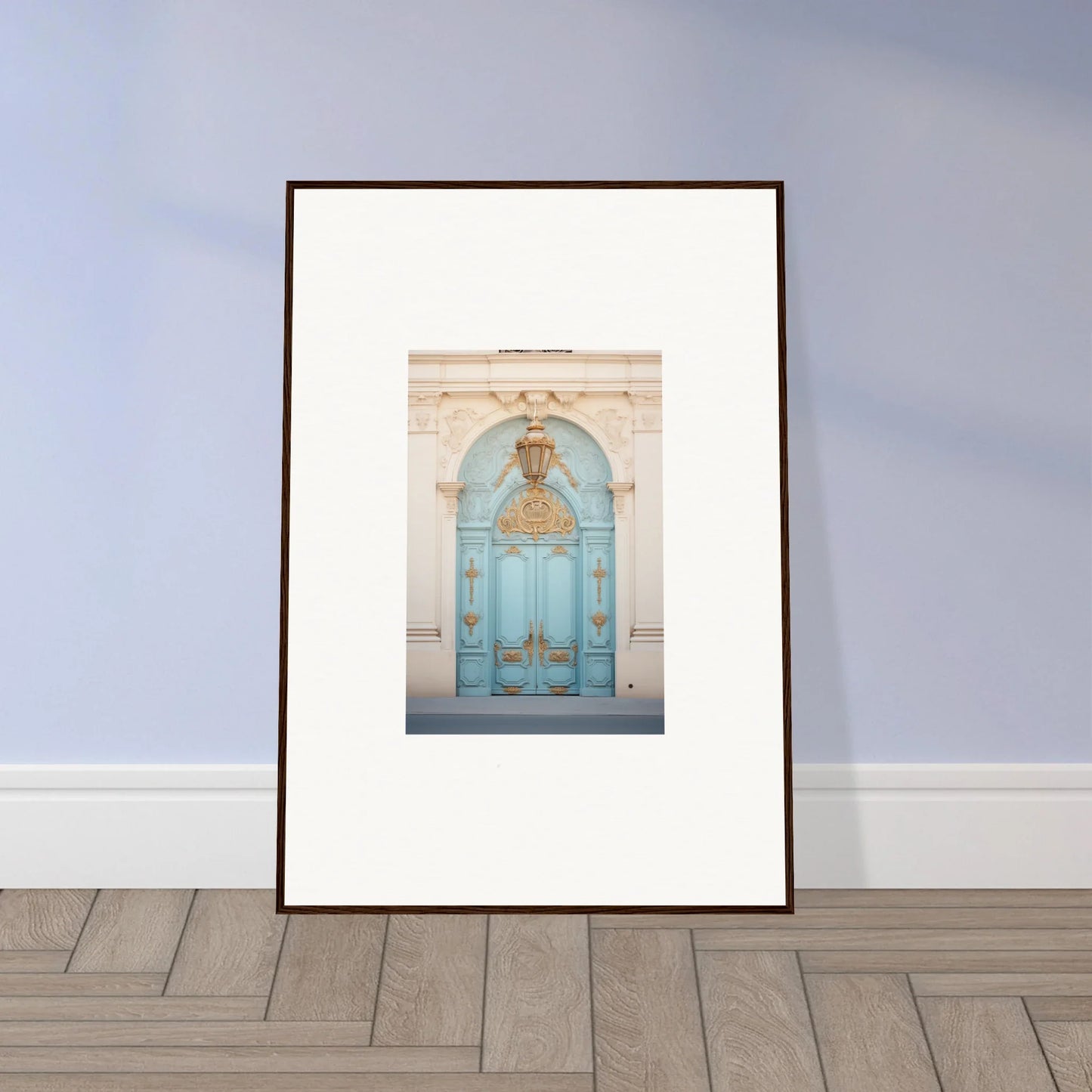 Framed poster of an ornate turquoise door, part of Ethereal Thresholding Gate collection