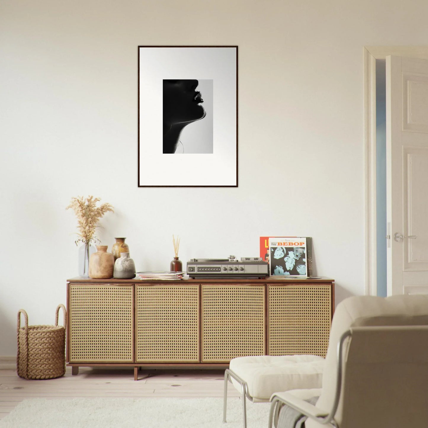 Rattan-fronted wooden credenza from the Ethereal Odyssey Sonata collection