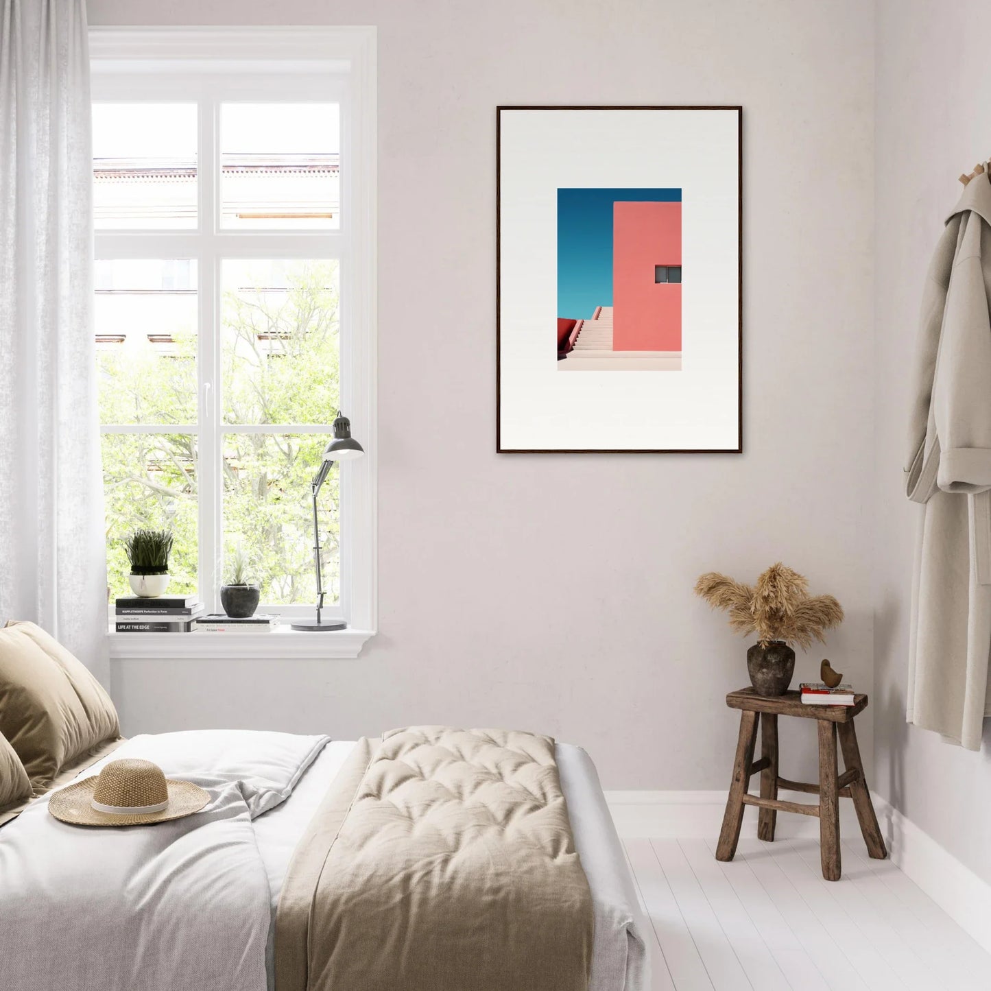 Minimalist bedroom featuring Cerulean Dream Ickles framed wall art in neutral tones