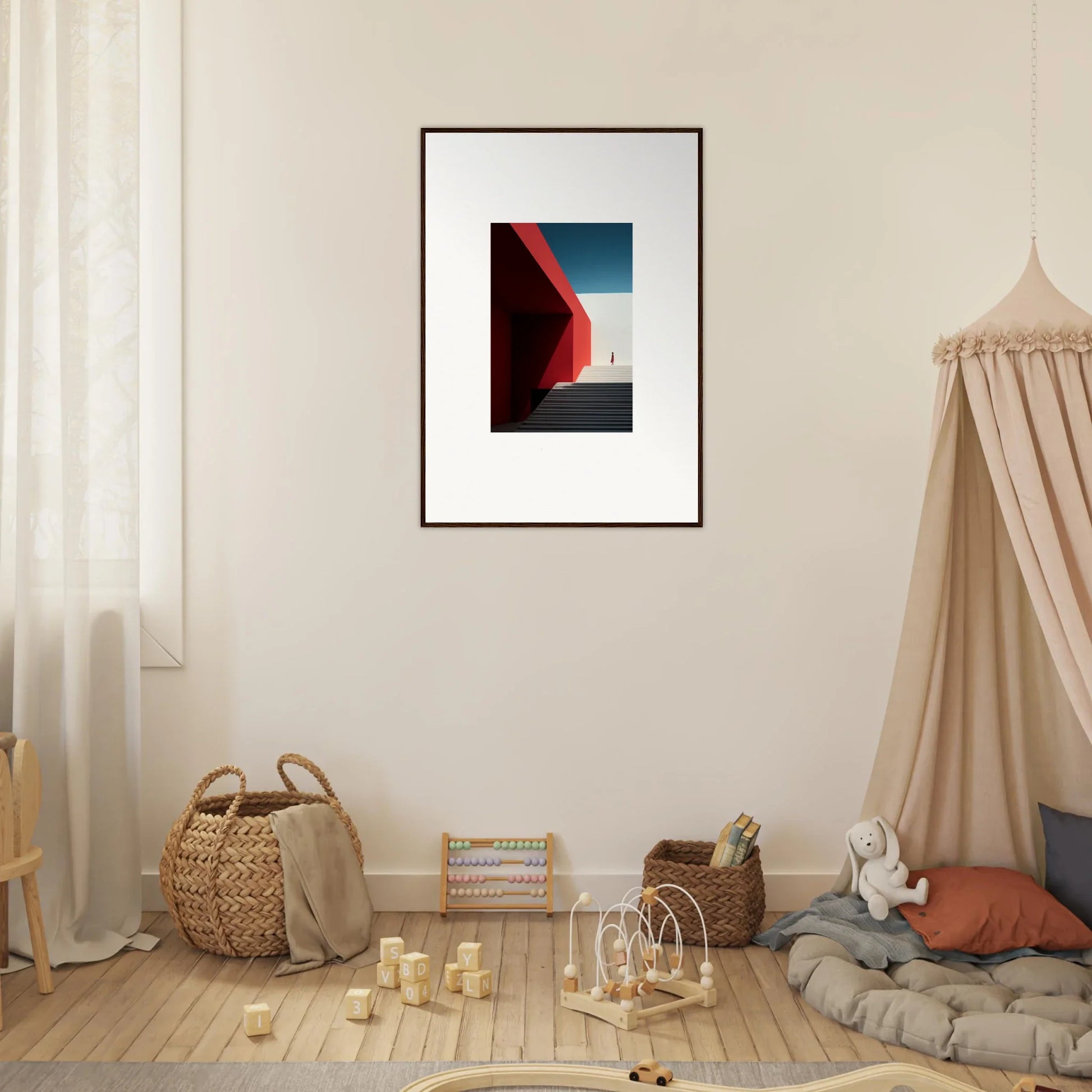 Framed wall art of red geometric shape against blue sky from Mesa Quizzes Cascades