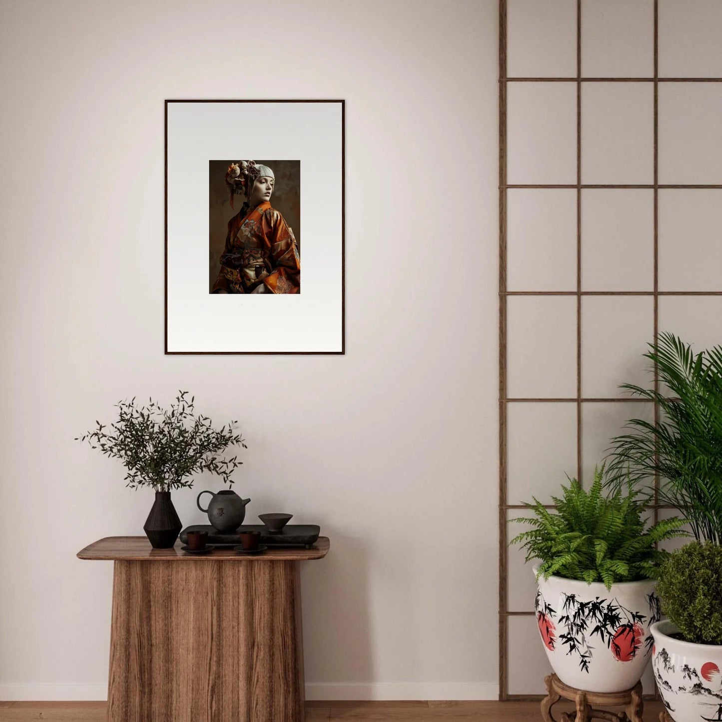 Framed canvas print of a serene Geisha in traditional clothing for stylish room decoration