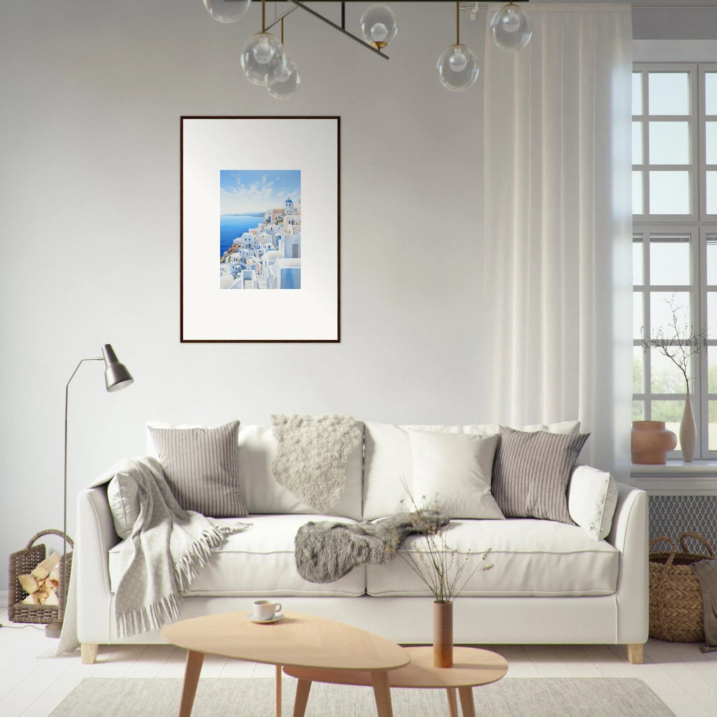 White sofa with gray and cream pillows for Dreams Overlapping Reality art display