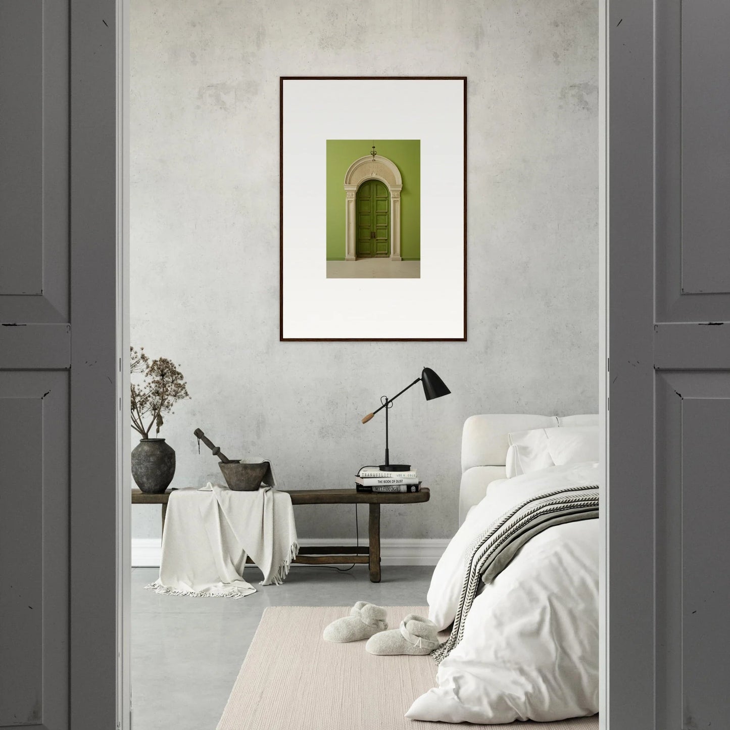 Framed wall art of a green arched doorway from the Verdant Luminary Portal collection