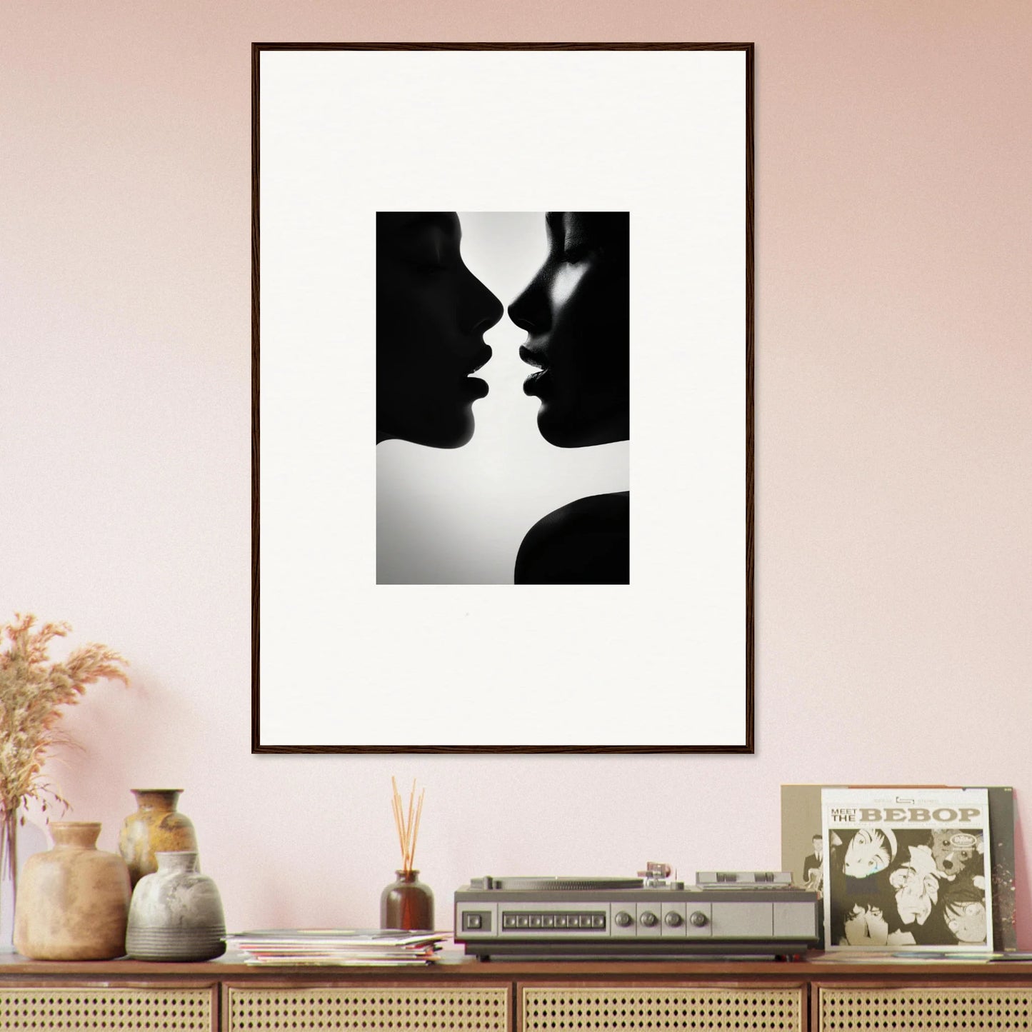Black and white silhouette of two profiles in Sables Dance premium framed wall art
