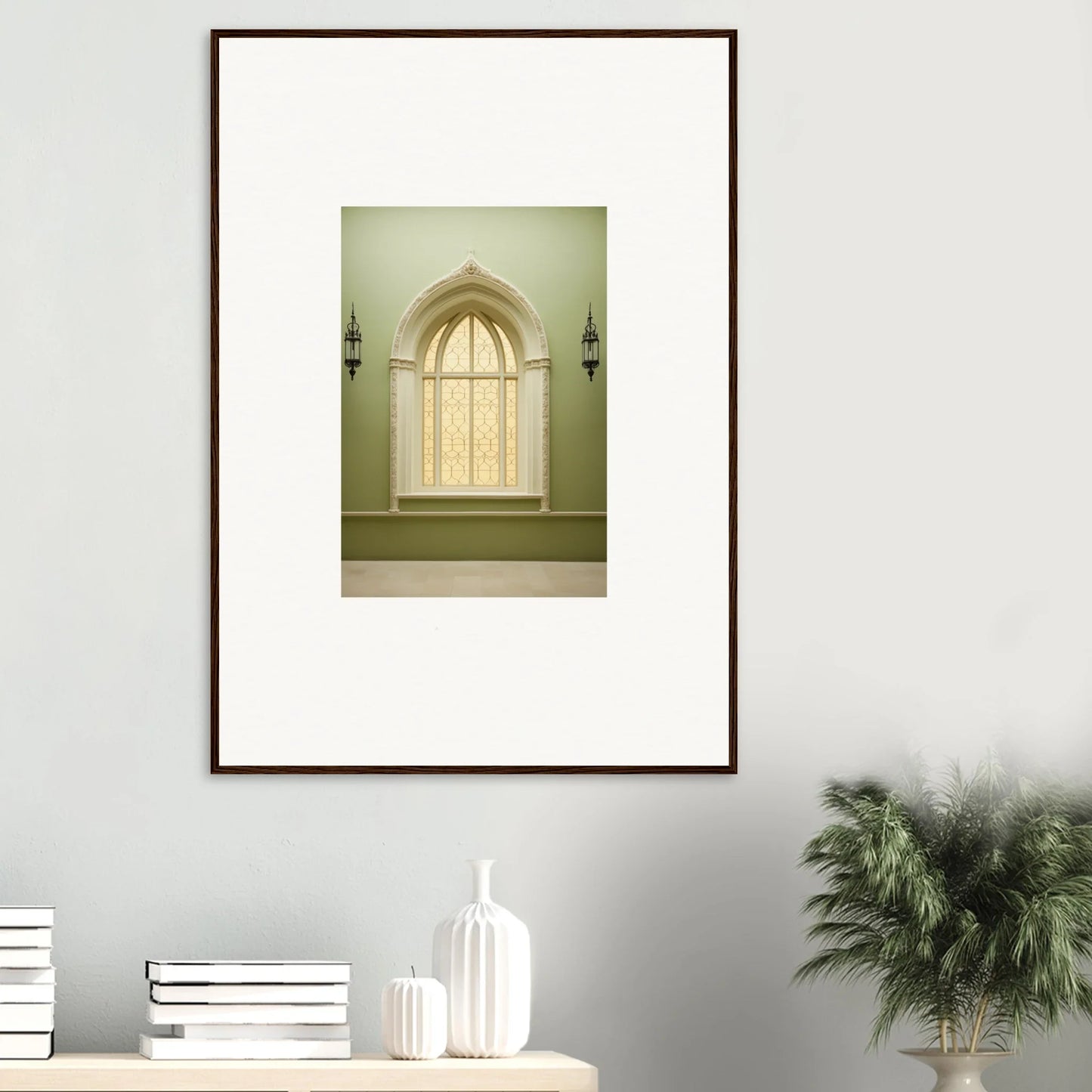 Framed wall art of an arched window with sconces in Opalescent Tranquility Dwelling