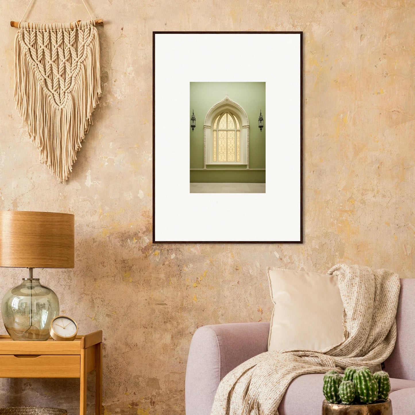 Framed wall art of a Gothic-style church window in Opalescent Tranquility Dwelling