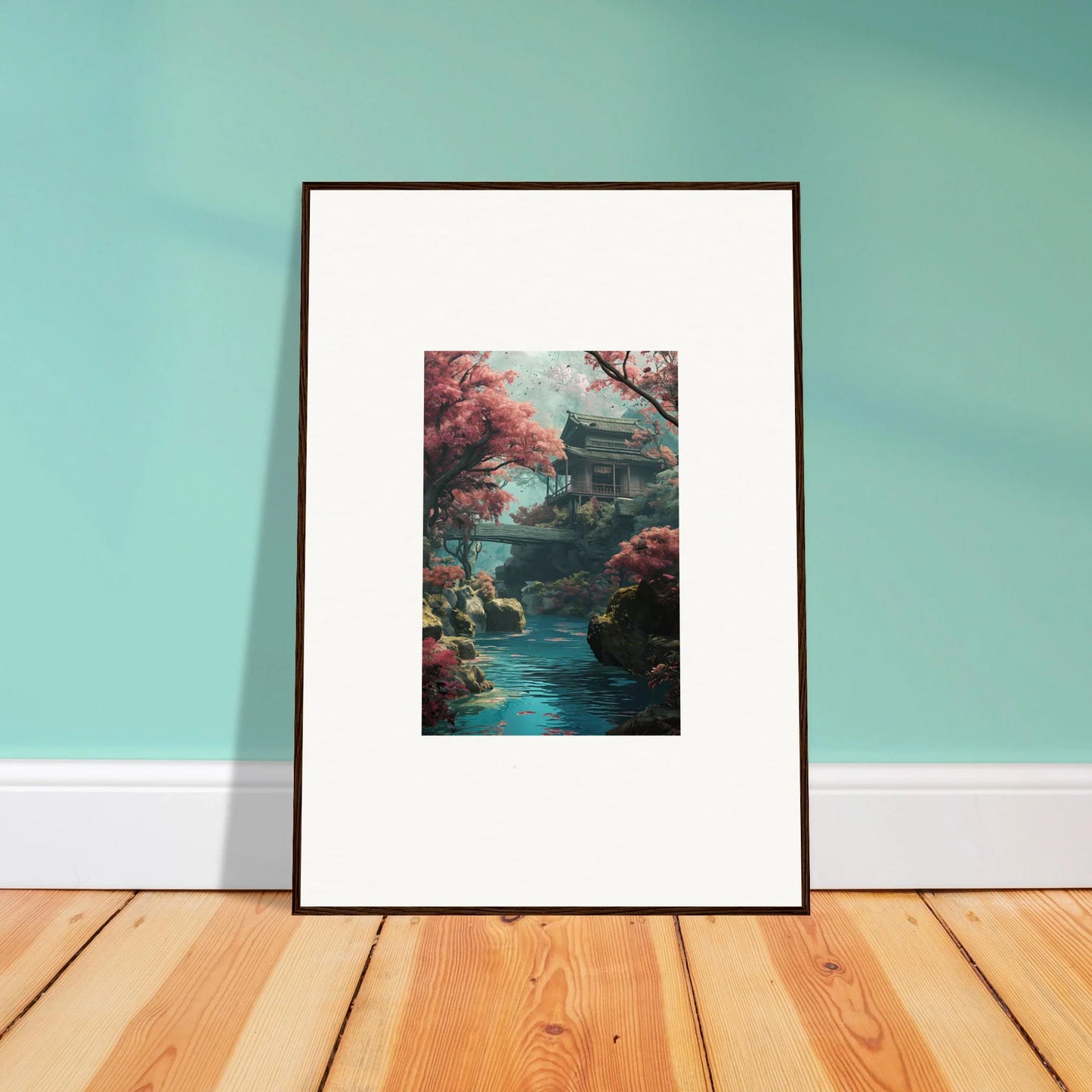 Framed Serenity’s Dreamscape art of a Japanese pagoda and cherry blossoms by a stream