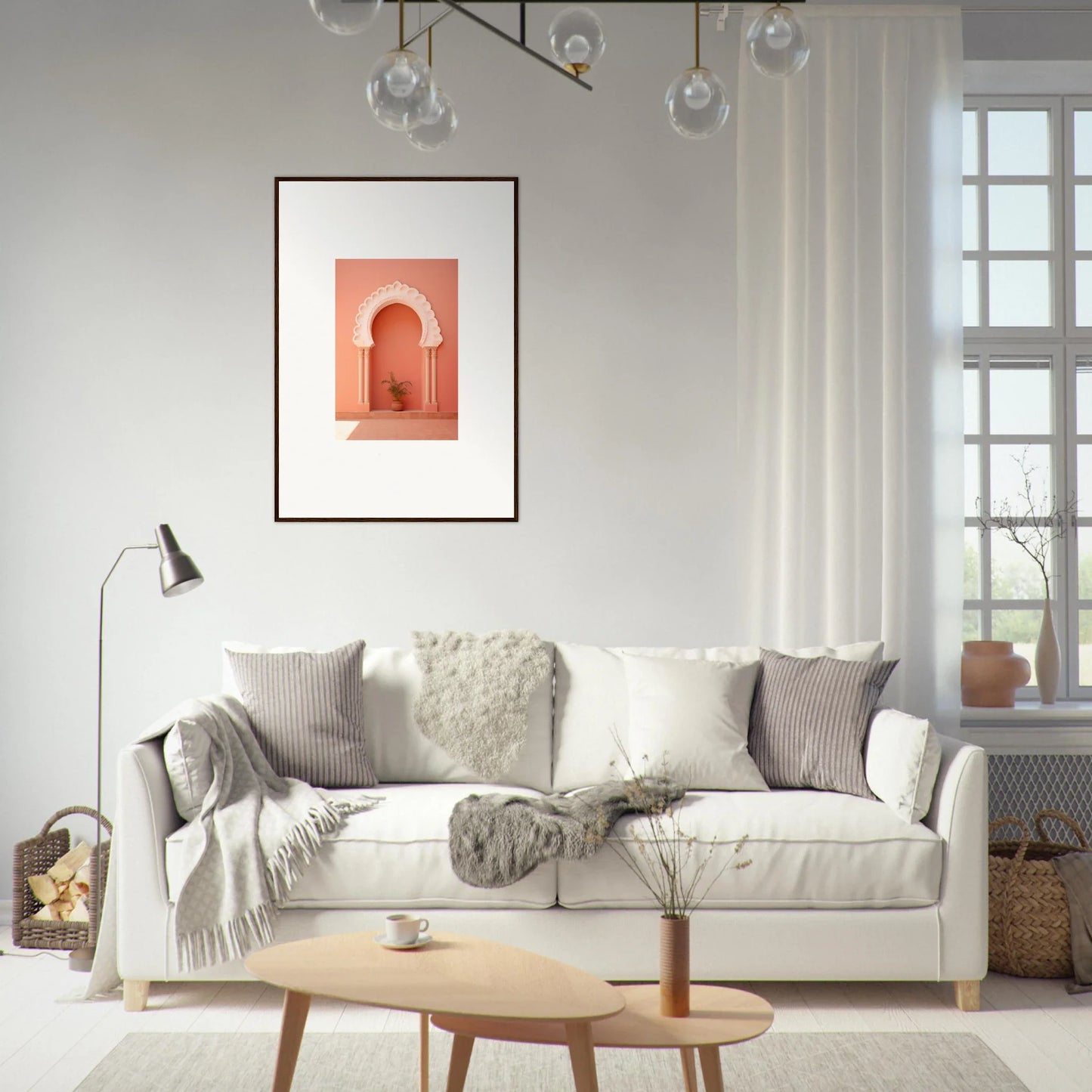 White sofa with gray and cream pillows, perfect for your Narco Échappatoire Portal vibe